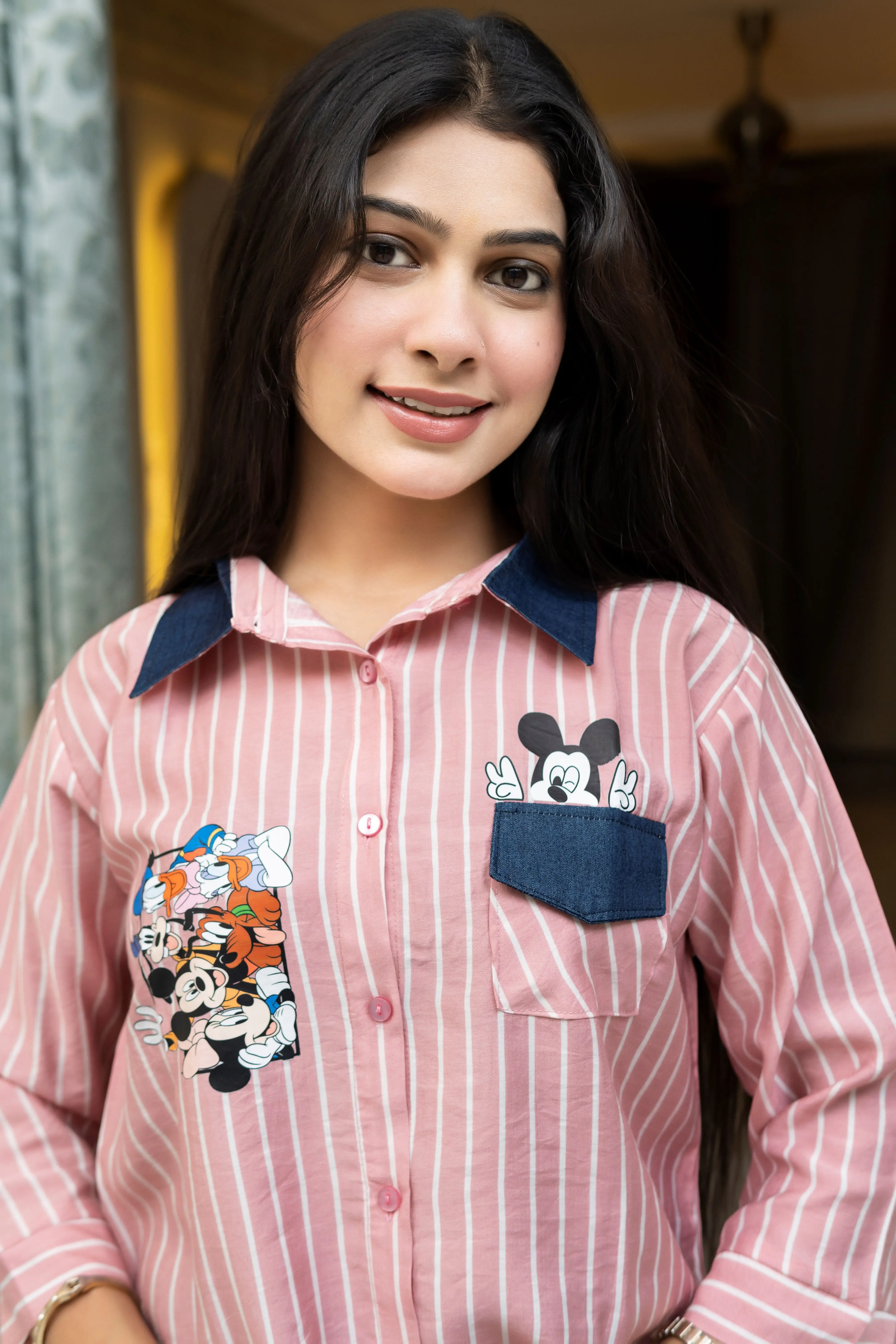 Blush Pink Striped Cartoon Patch Shirt with Denim Collar view 3