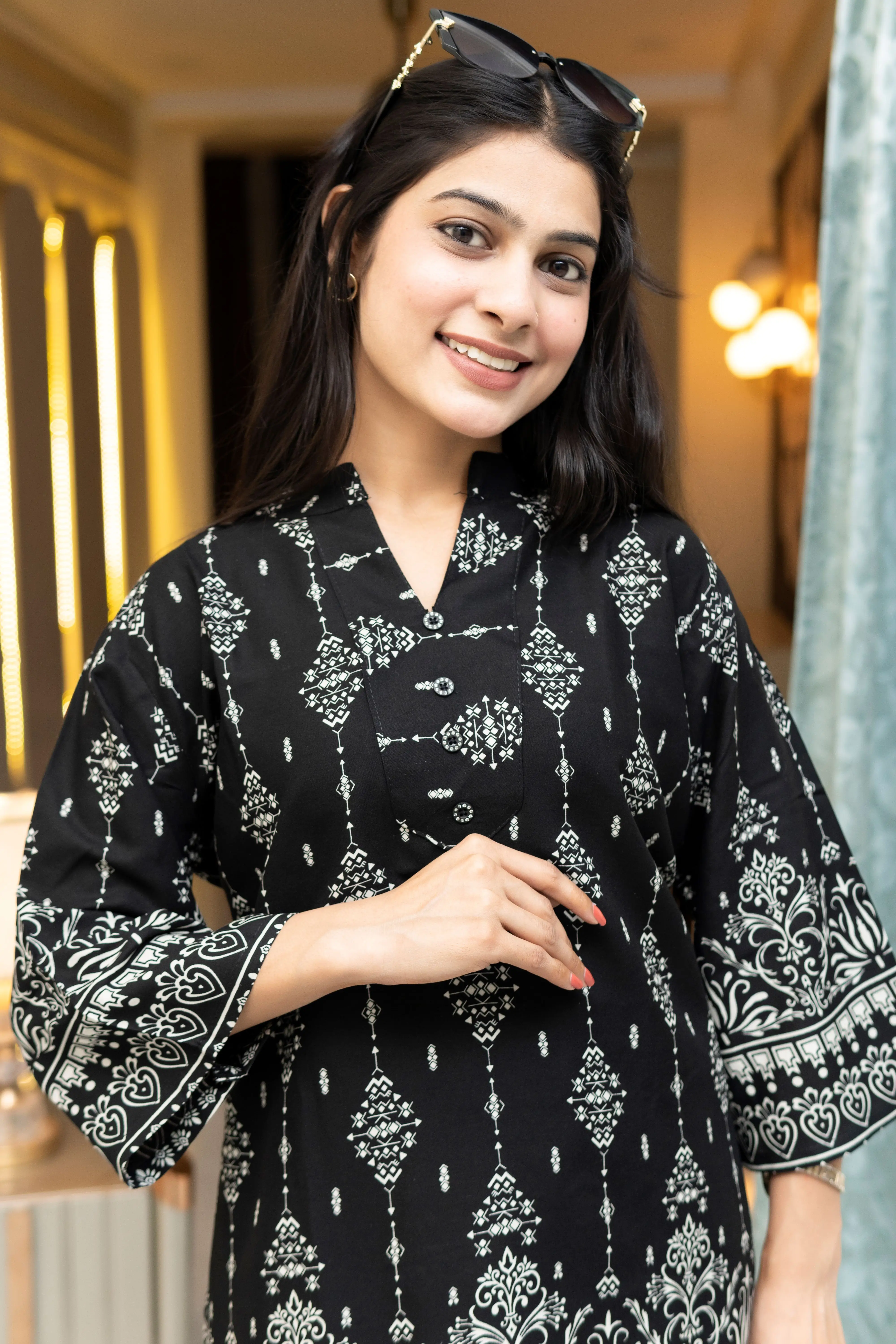 Midnight Black Ethnic Print Tunic and Wide-Leg Co-ord Set view 2