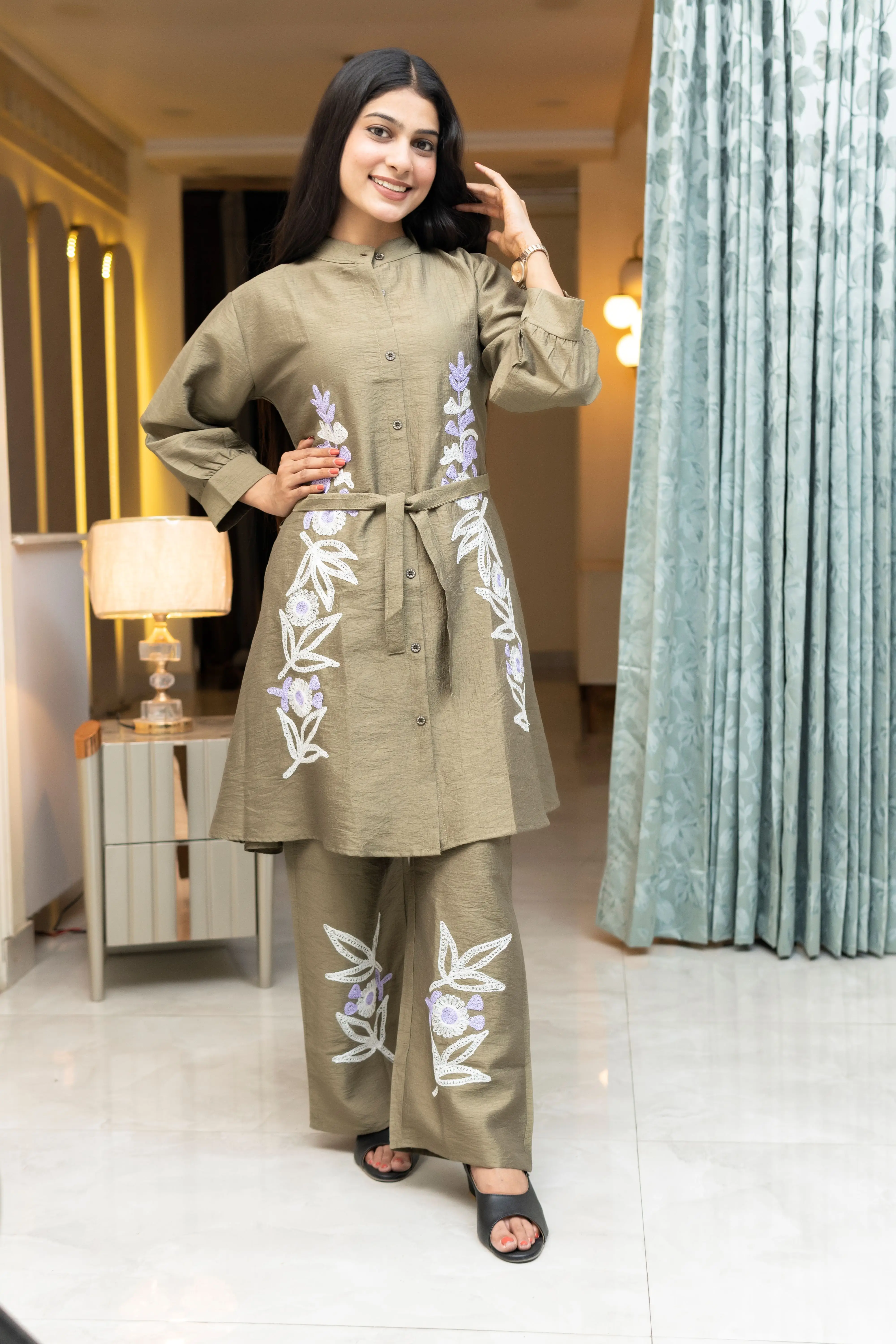 live Sage Embroidered Tunic and Wide-Leg Co-ord Set with Fabric Belt
