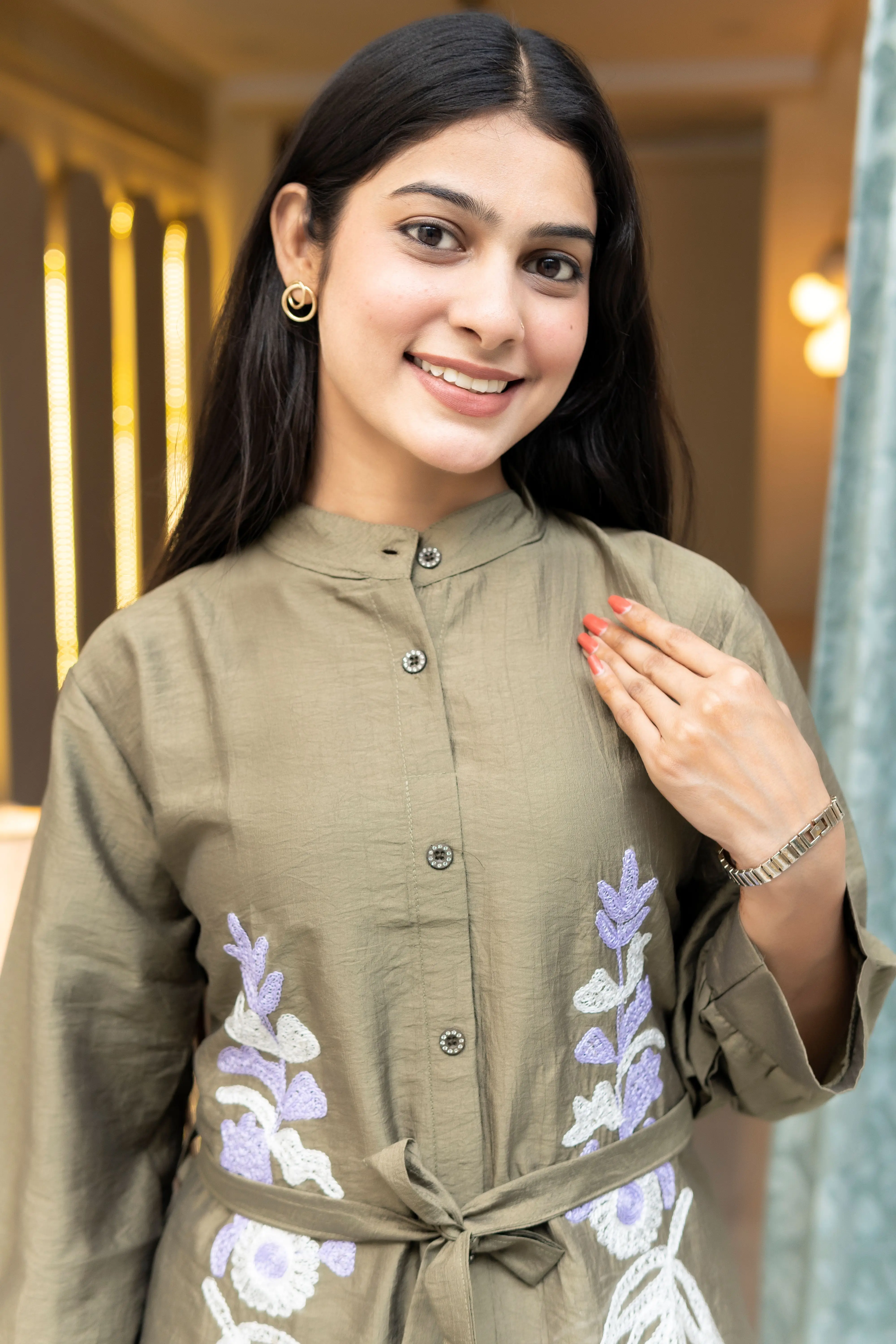 live Sage Embroidered Tunic and Wide-Leg Co-ord Set with Fabric Belt view 2