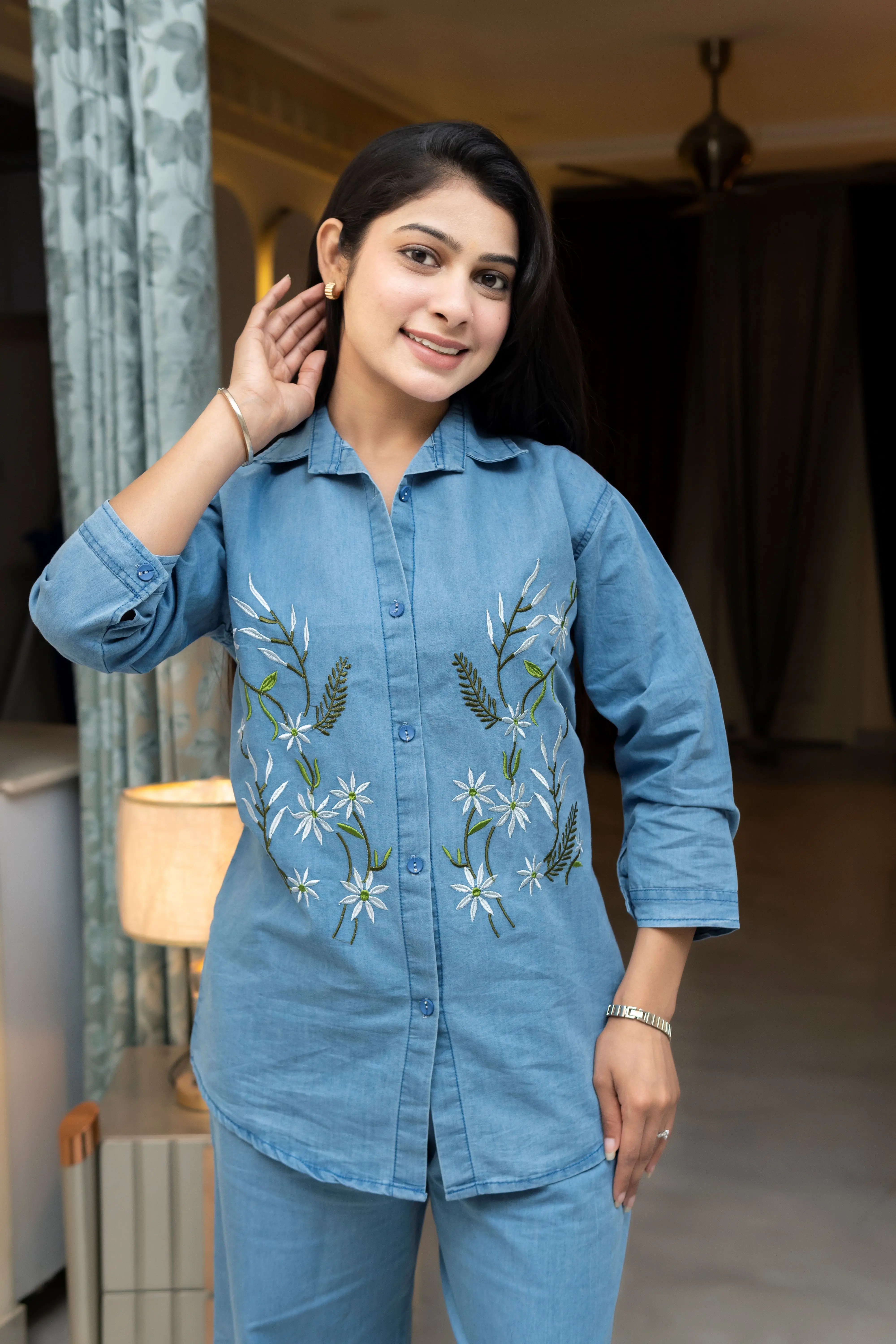 Ice Blue Denim-Look Co-ord Set with Symmetric Vine Embroidery view 2