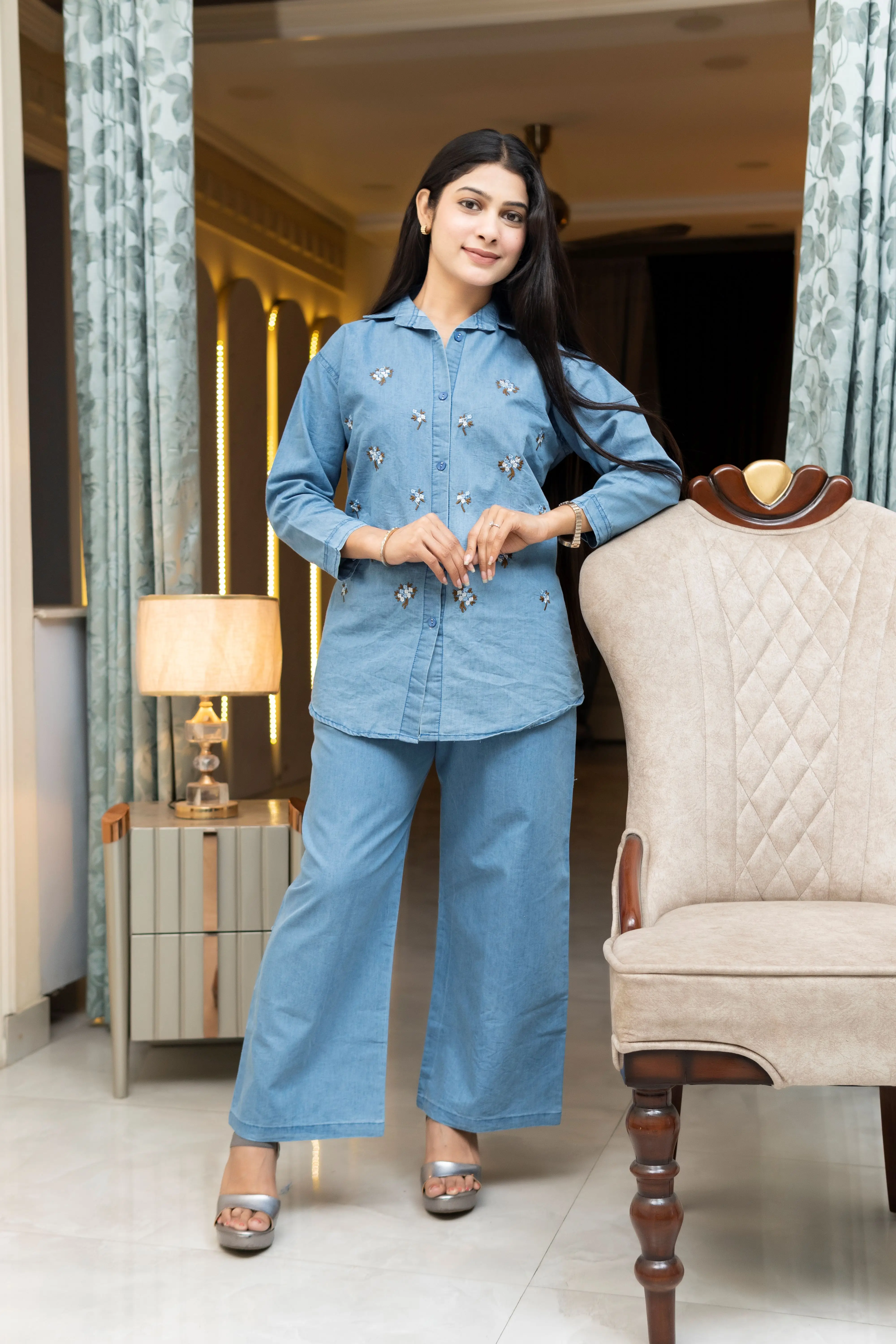 Ice Blue Denim-Look Co-ord Set with Scattered Floral Accents