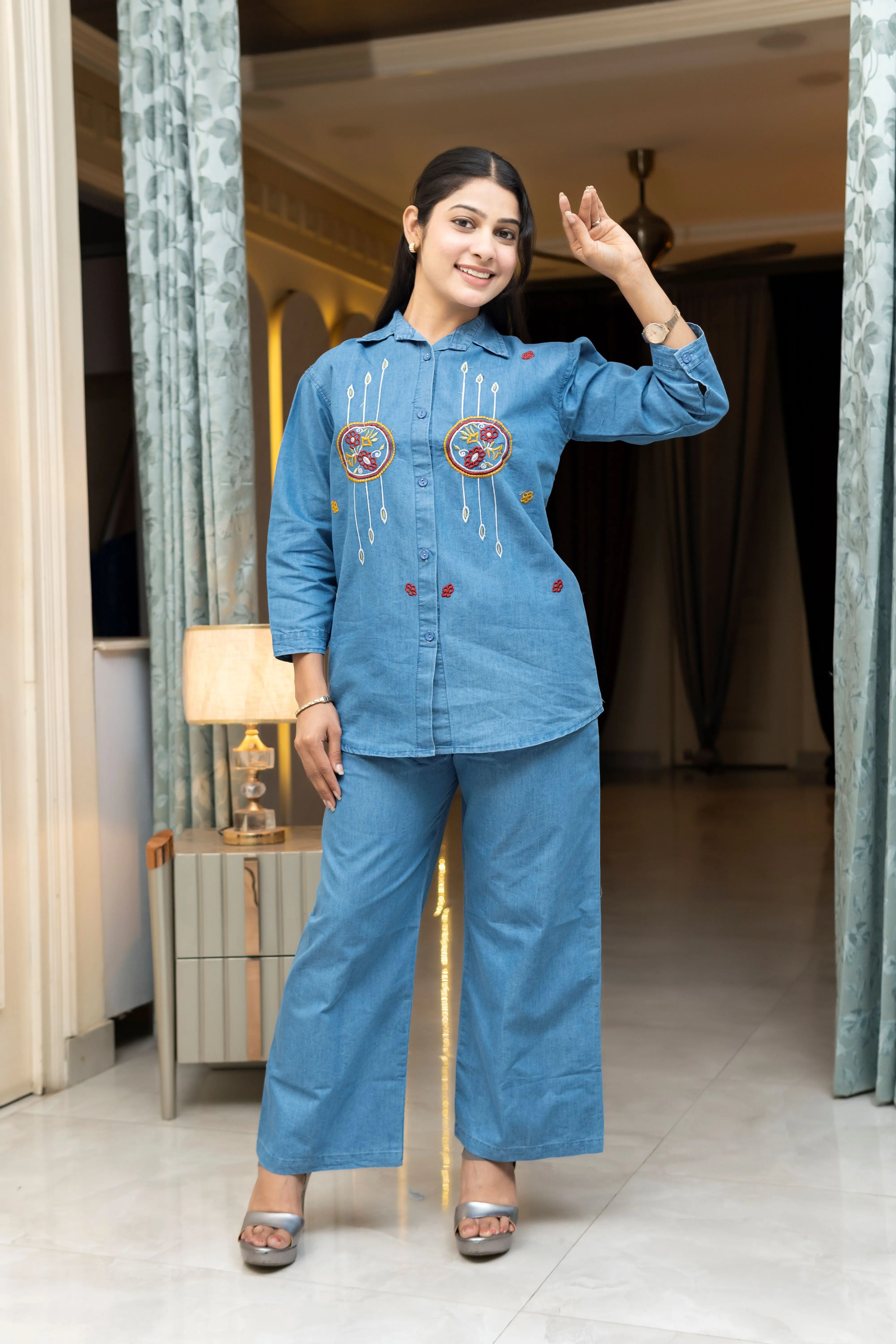 Ice Blue Denim-Look Co-ord Set with Colorful Floral Discs