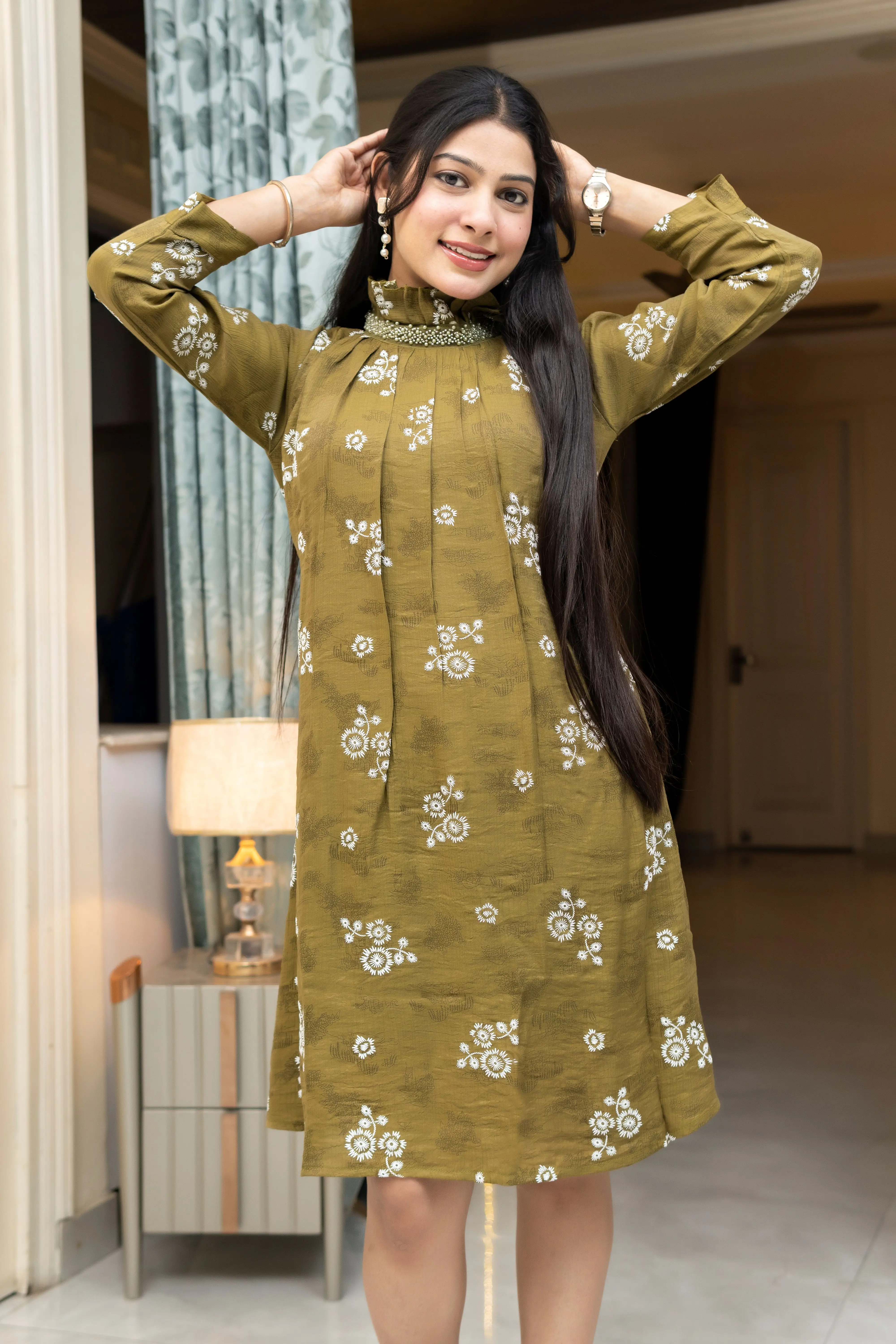 Olive Gold Floral Print Middi Dress with Beaded High Neck