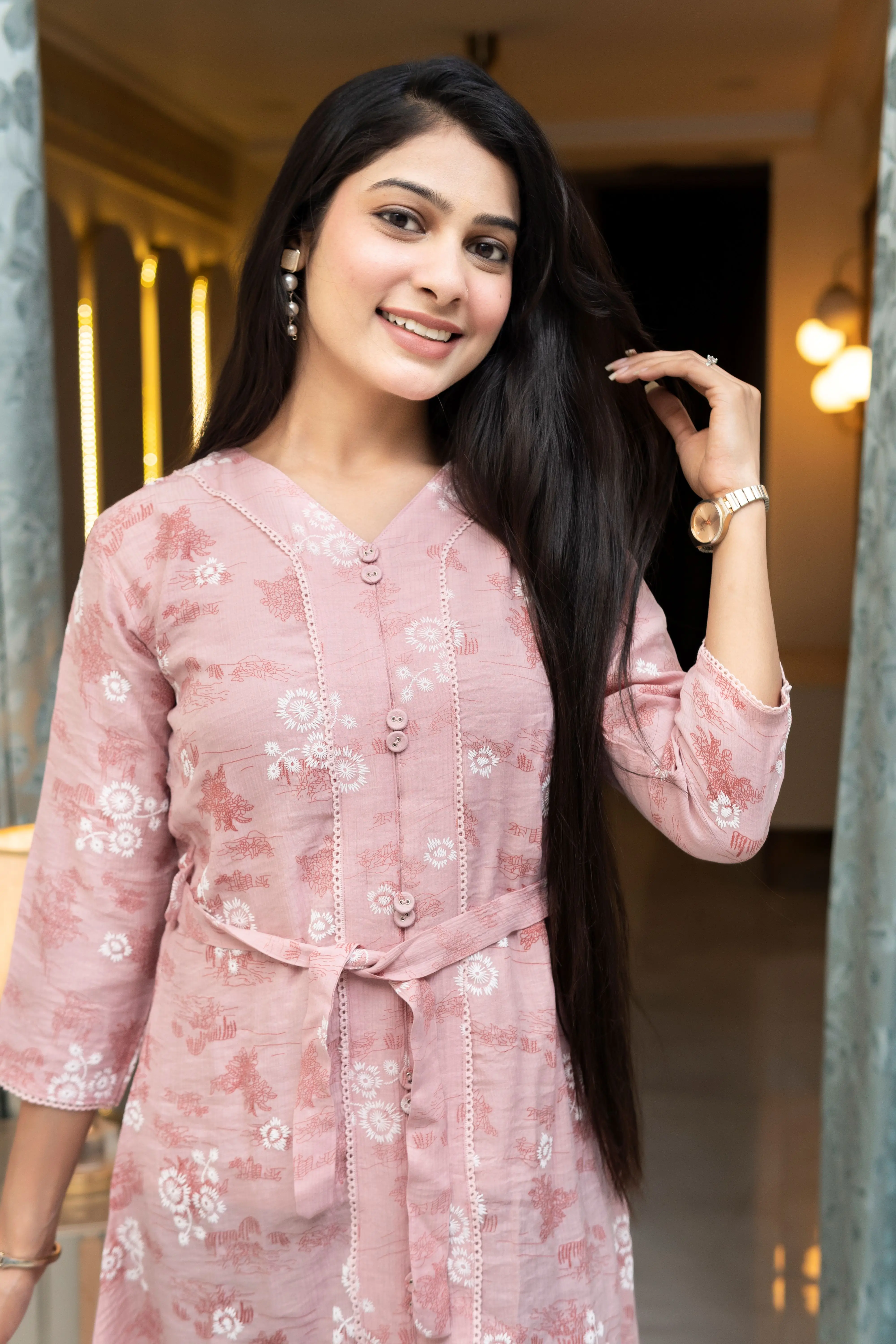Blush Pink Floral Print A-Line Middi Dress with Fabric Waist Belt view 2