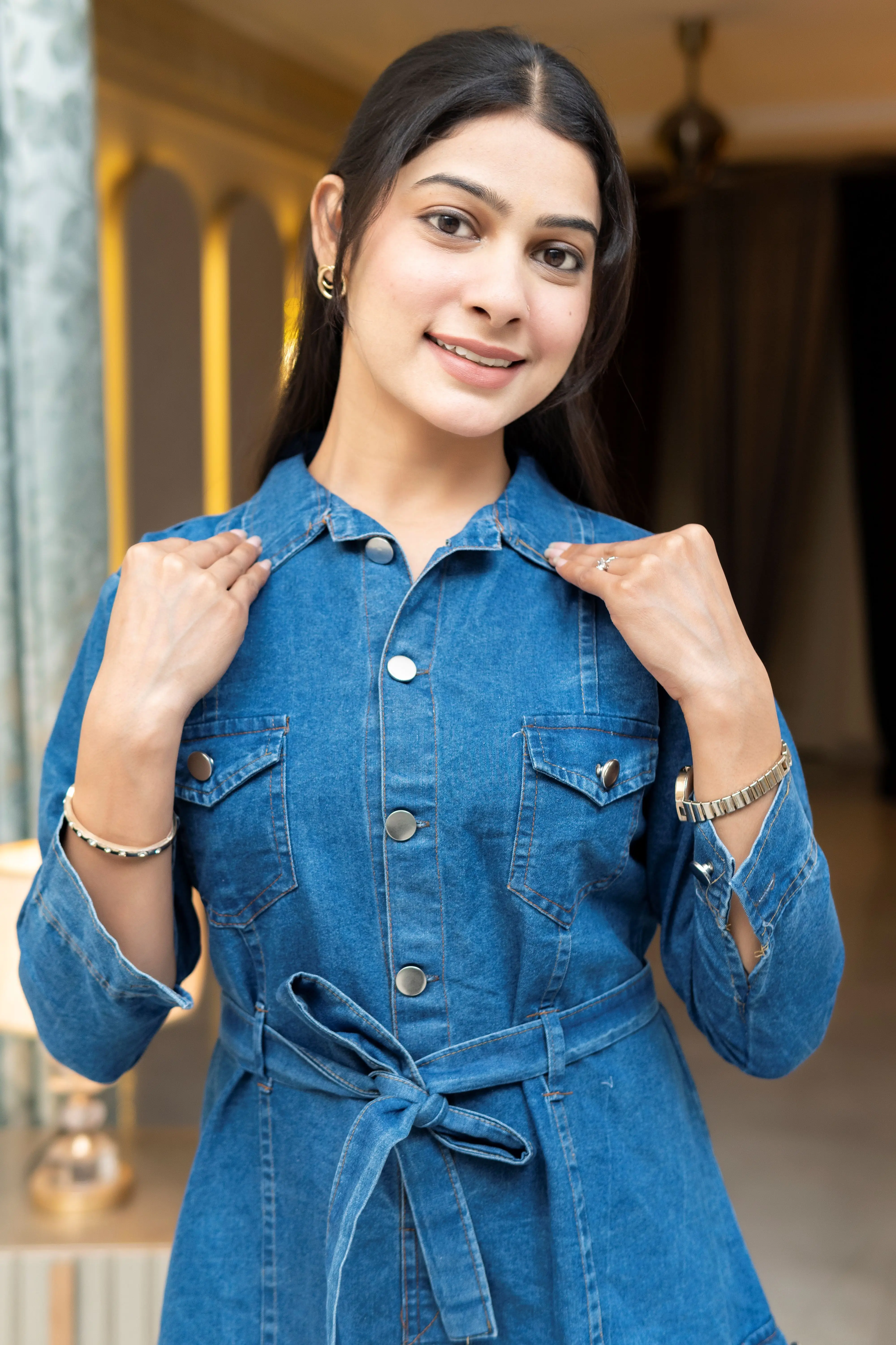 Indigo Wash Utility Denim Midi Dress with Tie-Up Fabric Belt view 2