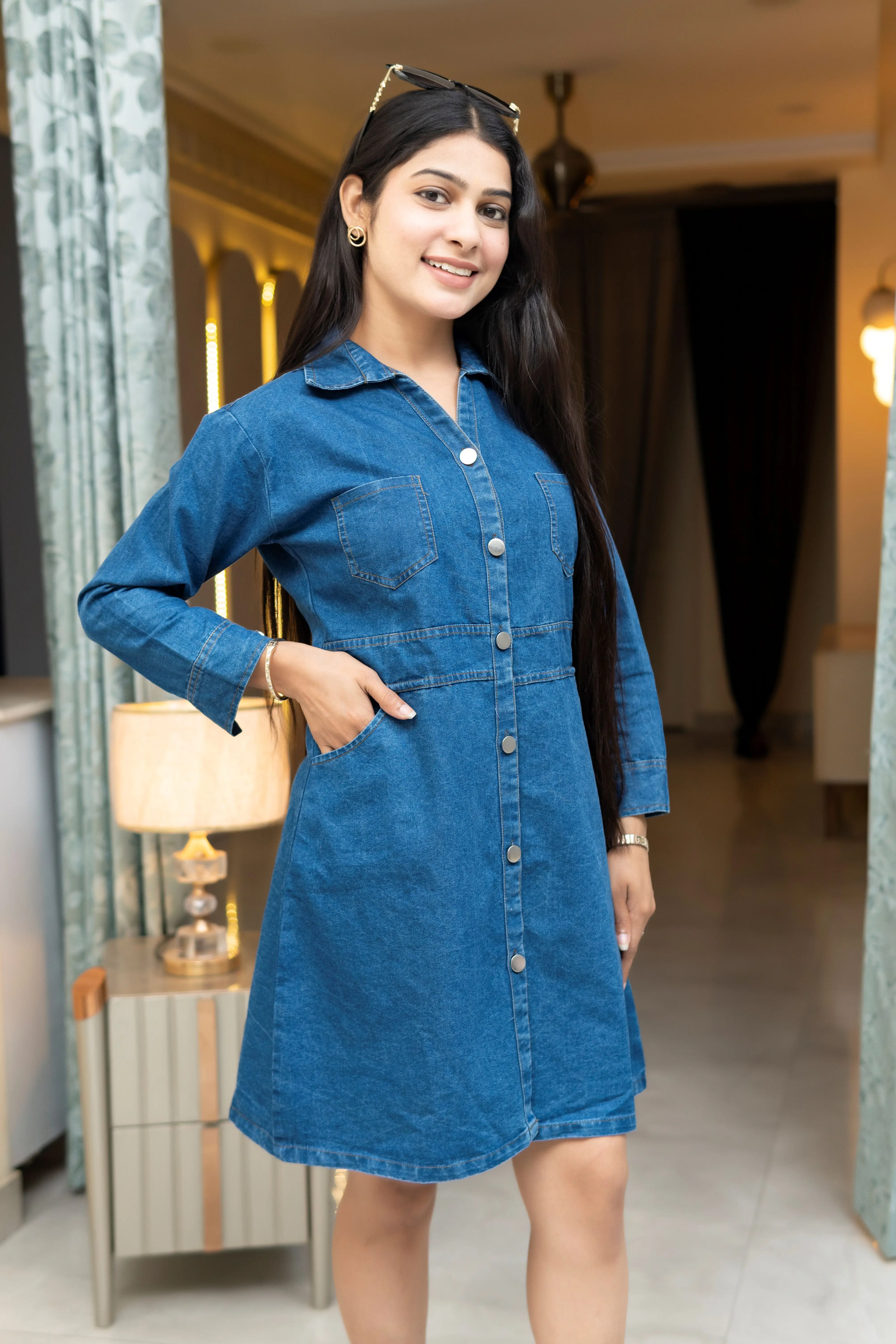 Dark Wash Denim A-Line Shirt Middi Dress with Structured Waist Panel