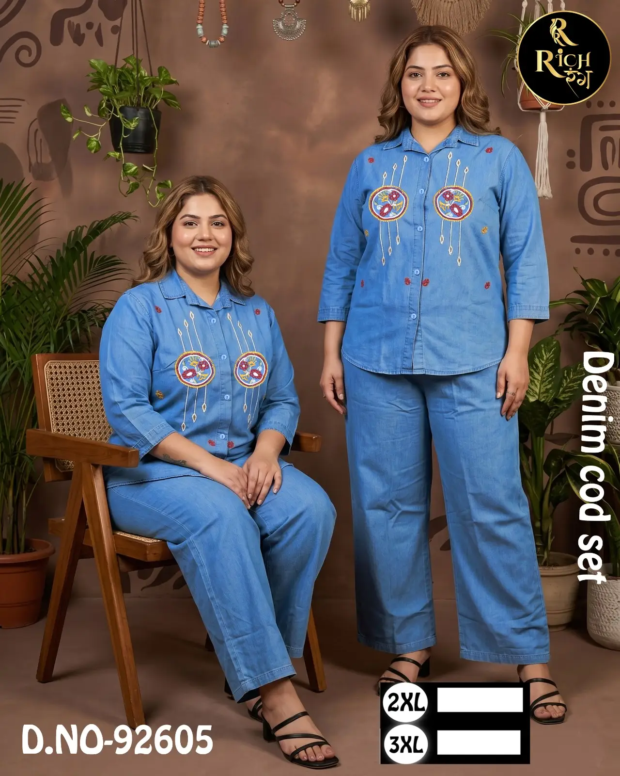 Light Wash Denim Plus Size Co-ord Set with Tribal Medallion Embroidery