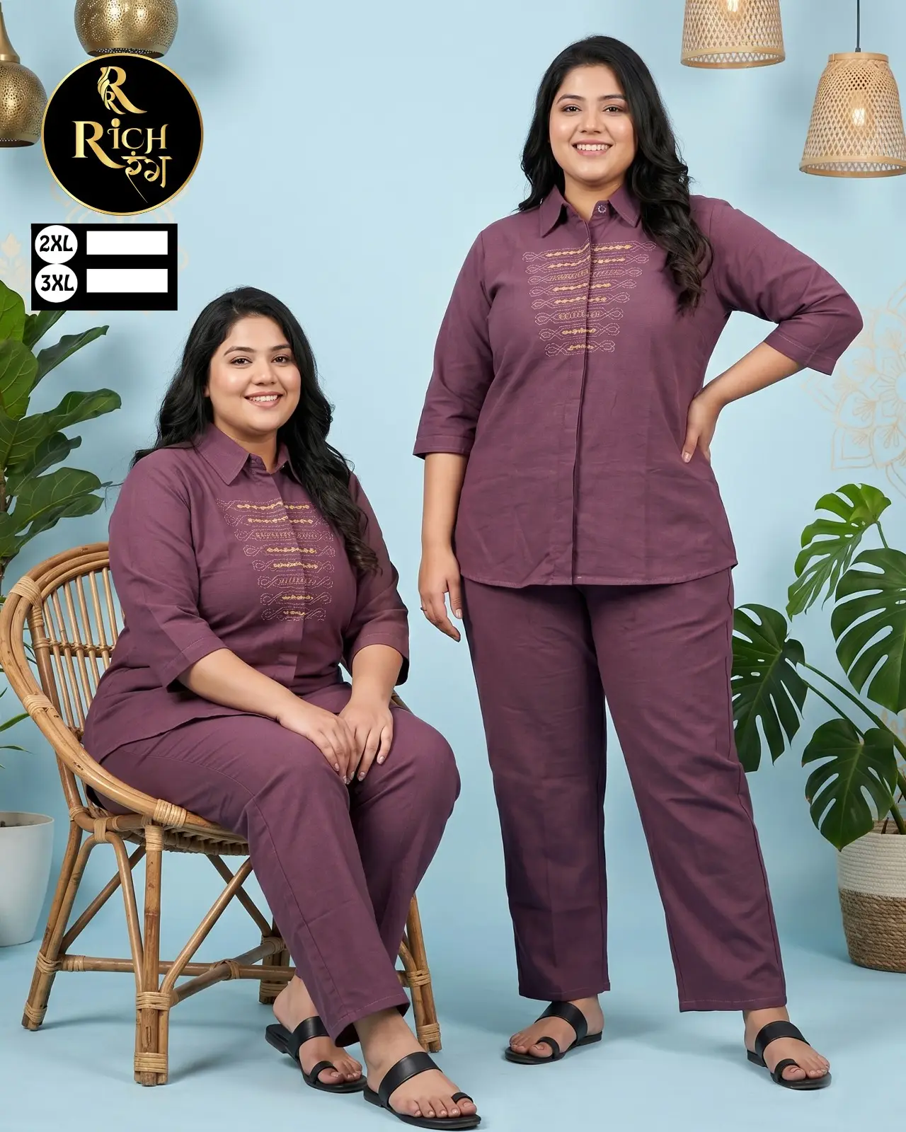 Plum Wine Plus-Size Co-ord Set with Geometric Chest Embroidery