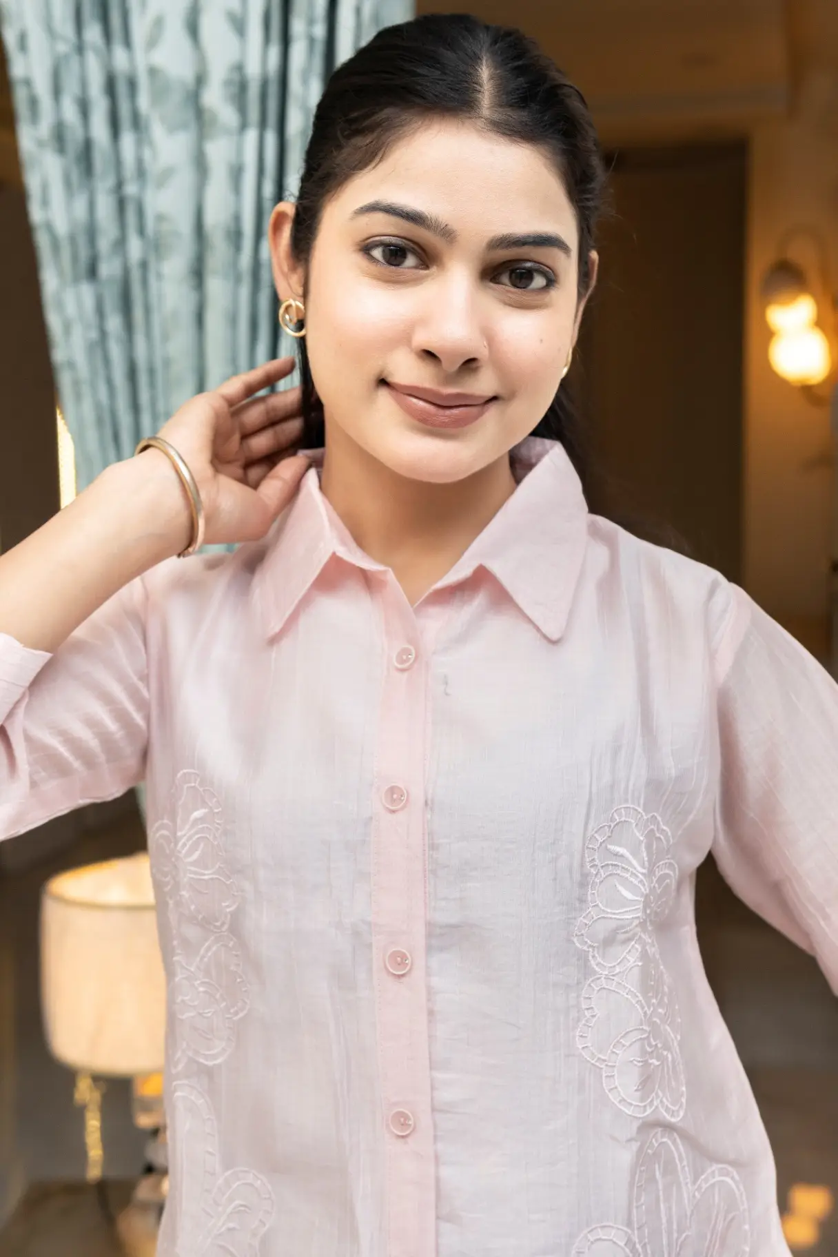 Powder Pink Top with Scalloped Flower Applique view 2