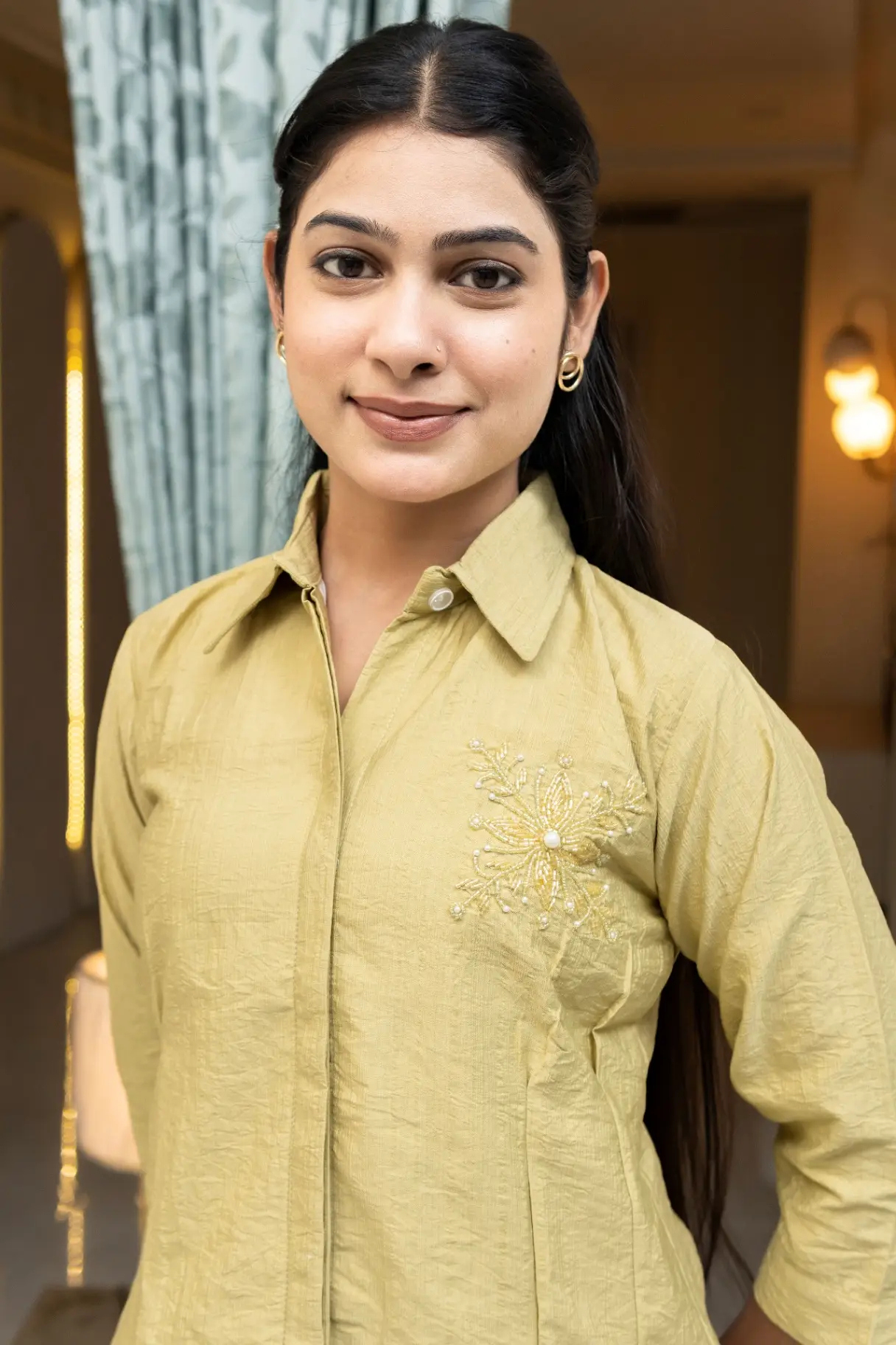 Olive Gold Textured Cotton Shirt Top with Starburst Beadwork view 2