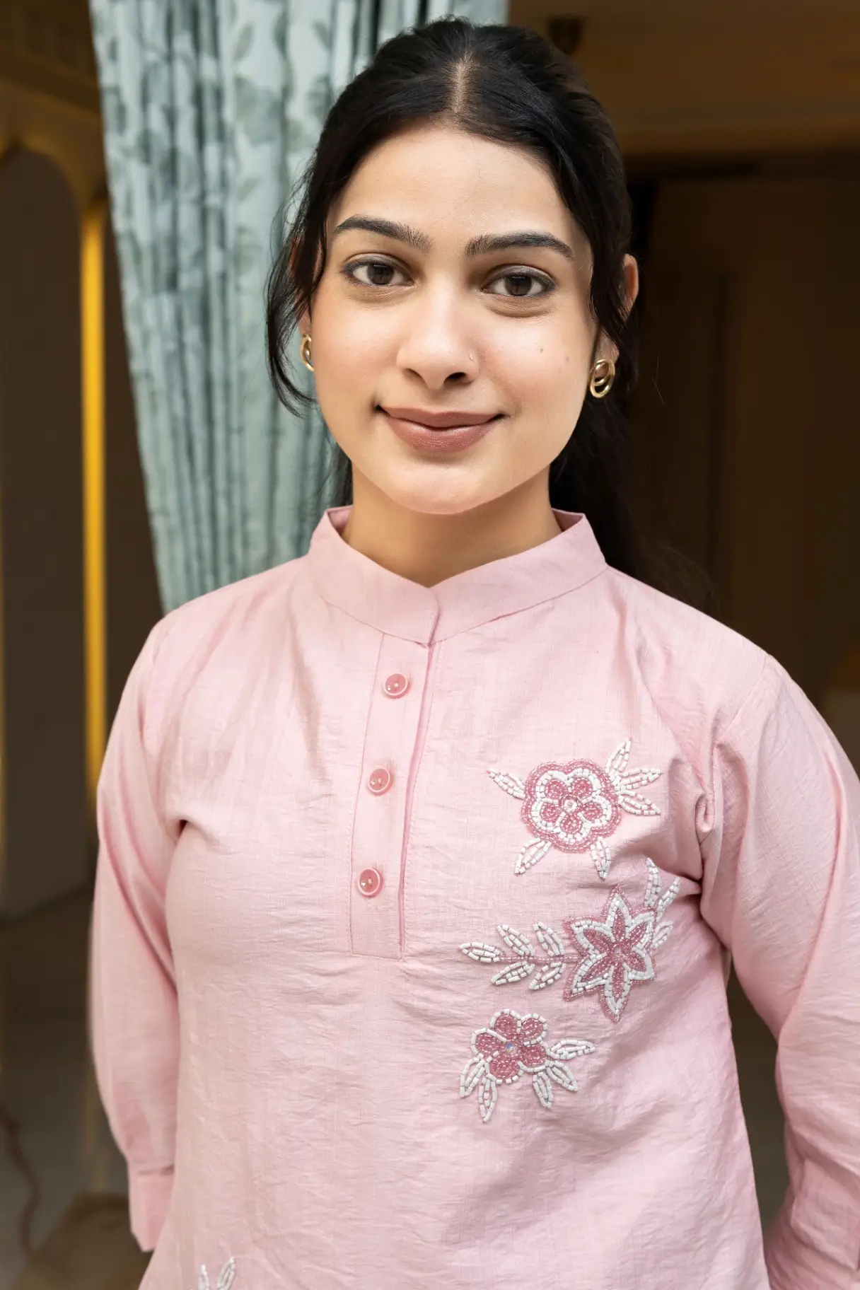 Powder Pink Mandarin Collar Top with Handcrafted Floral Beadwork view 2