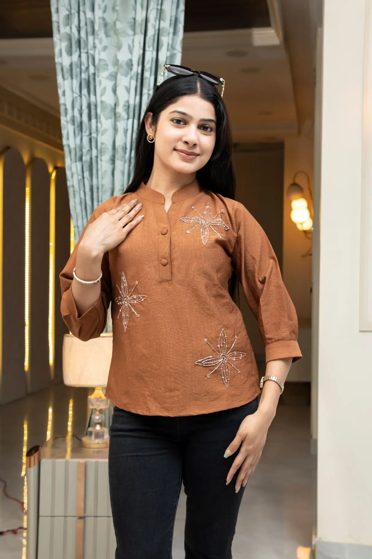 Brown Mandarin Collar Top with Starburst Sequin Beadwork