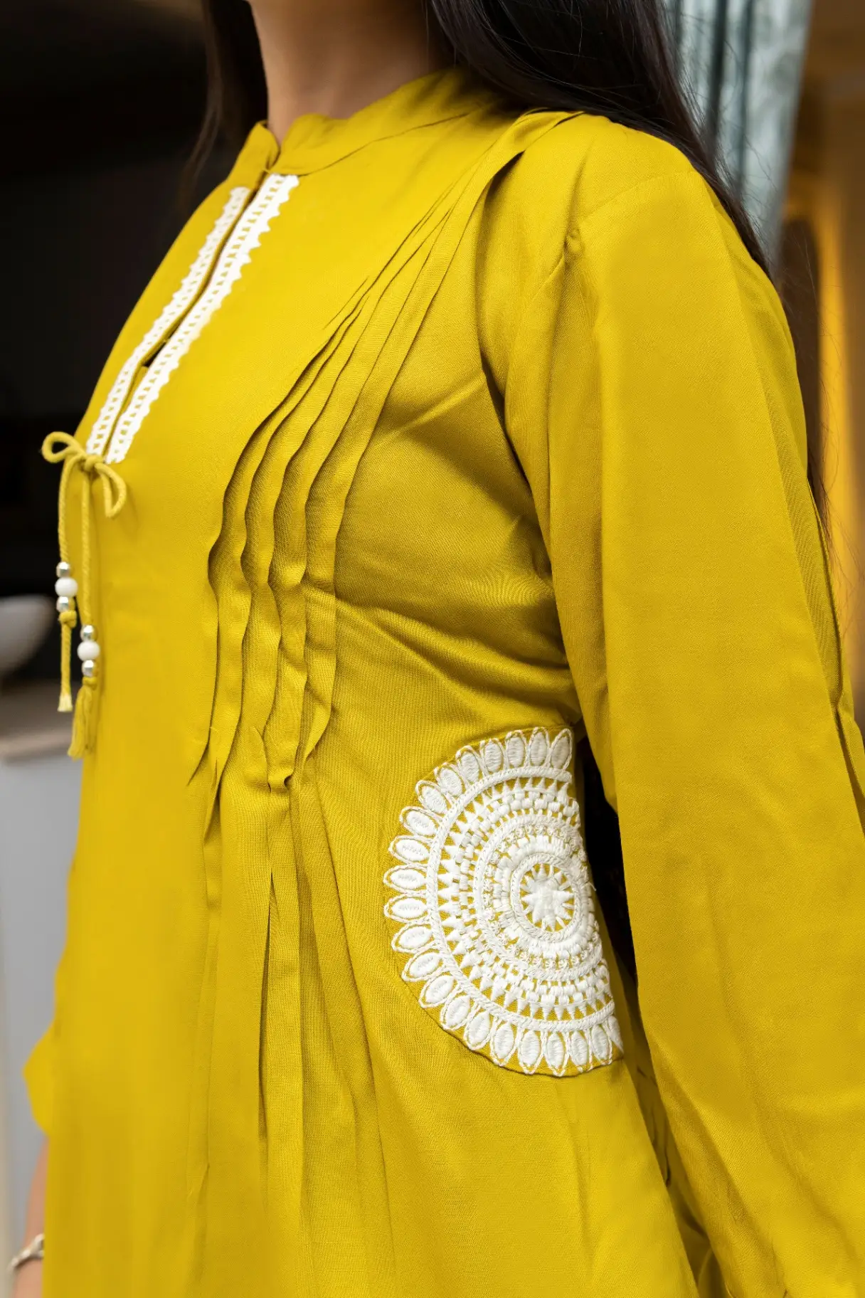Mustard Yellow Pintuck Short Kurti with Embroidered V-Neck view 2