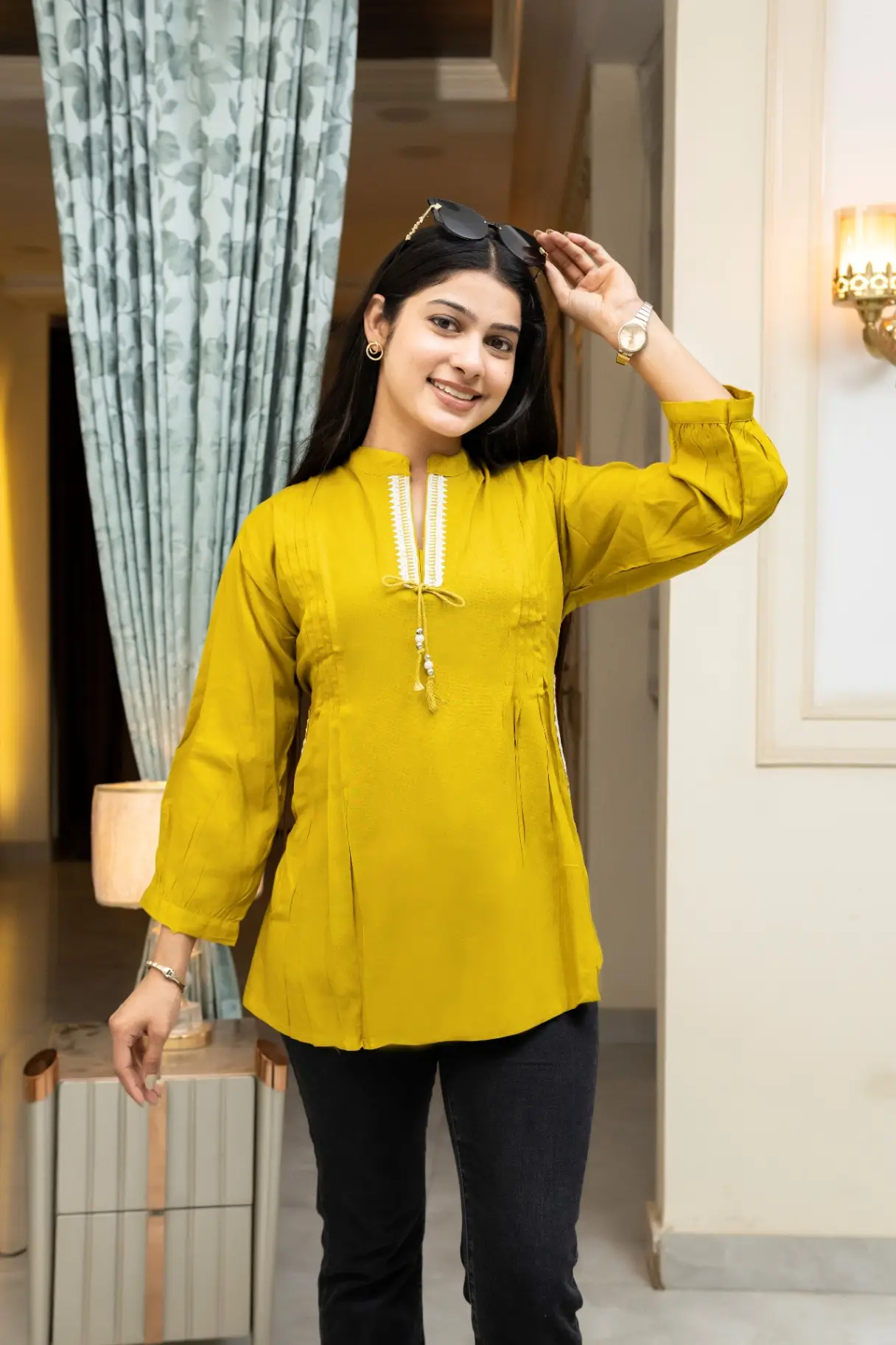 Mustard Yellow Pintuck Short Kurti with Embroidered V-Neck view 3