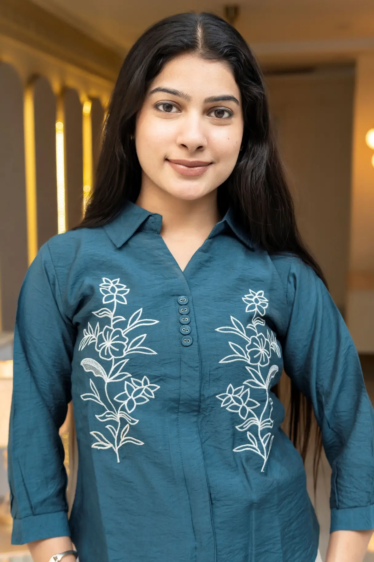 Deep Teal V-Neck Shirt Top with Symmetric White Floral Embroidery