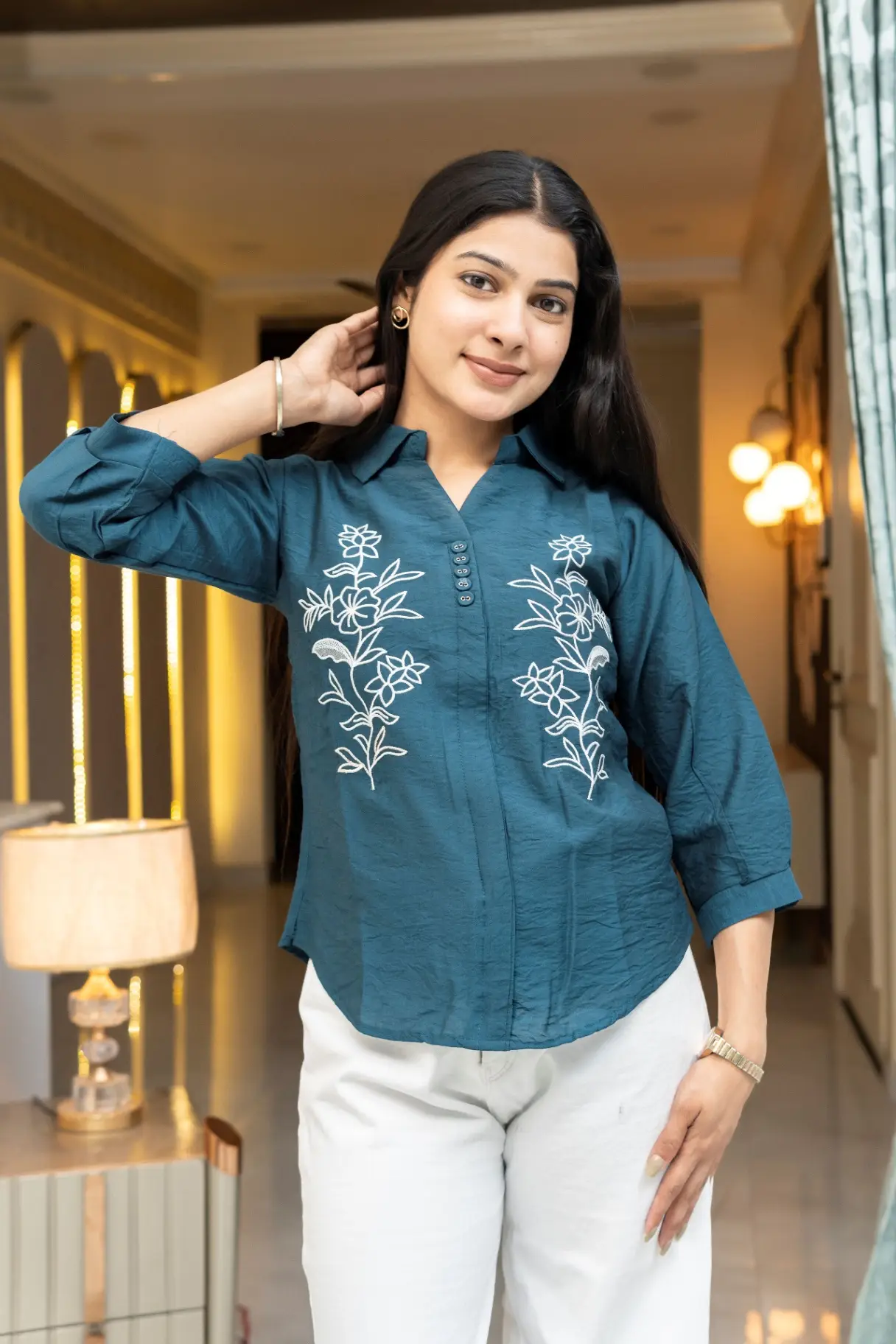 Deep Teal V-Neck Shirt Top with Symmetric White Floral Embroidery view 2