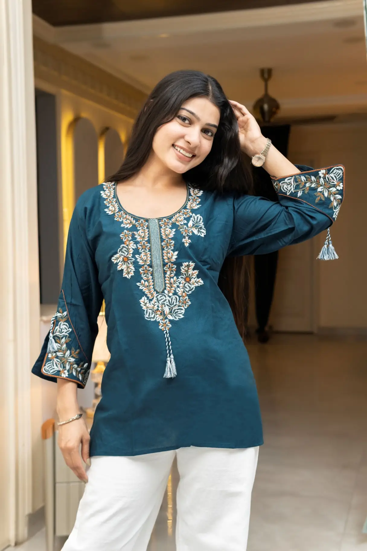 Deep Teal Scoop Neck Short Kurti with Kashmiri Style Floral Embroidery