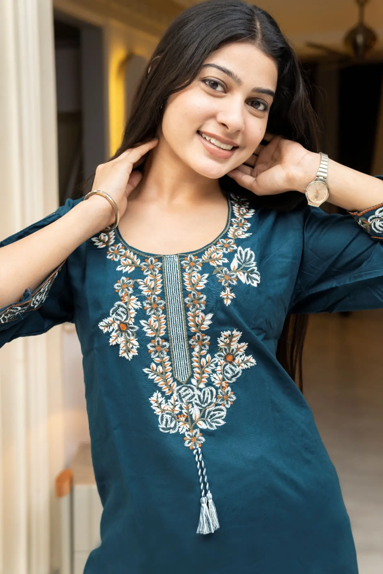 Deep Teal Scoop Neck Short Kurti with Kashmiri Style Floral Embroidery view 2