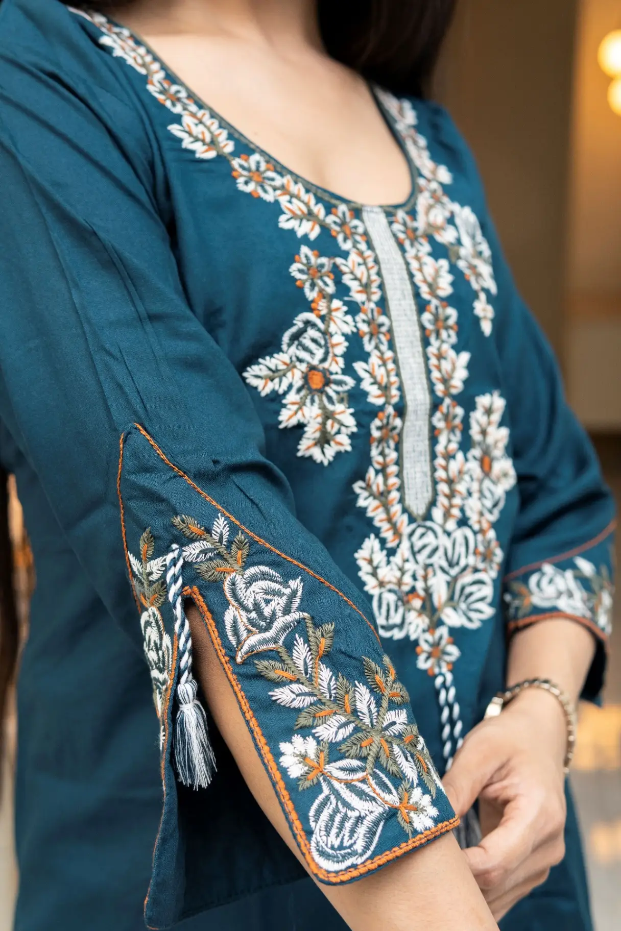 Deep Teal Scoop Neck Short Kurti with Kashmiri Style Floral Embroidery view 3
