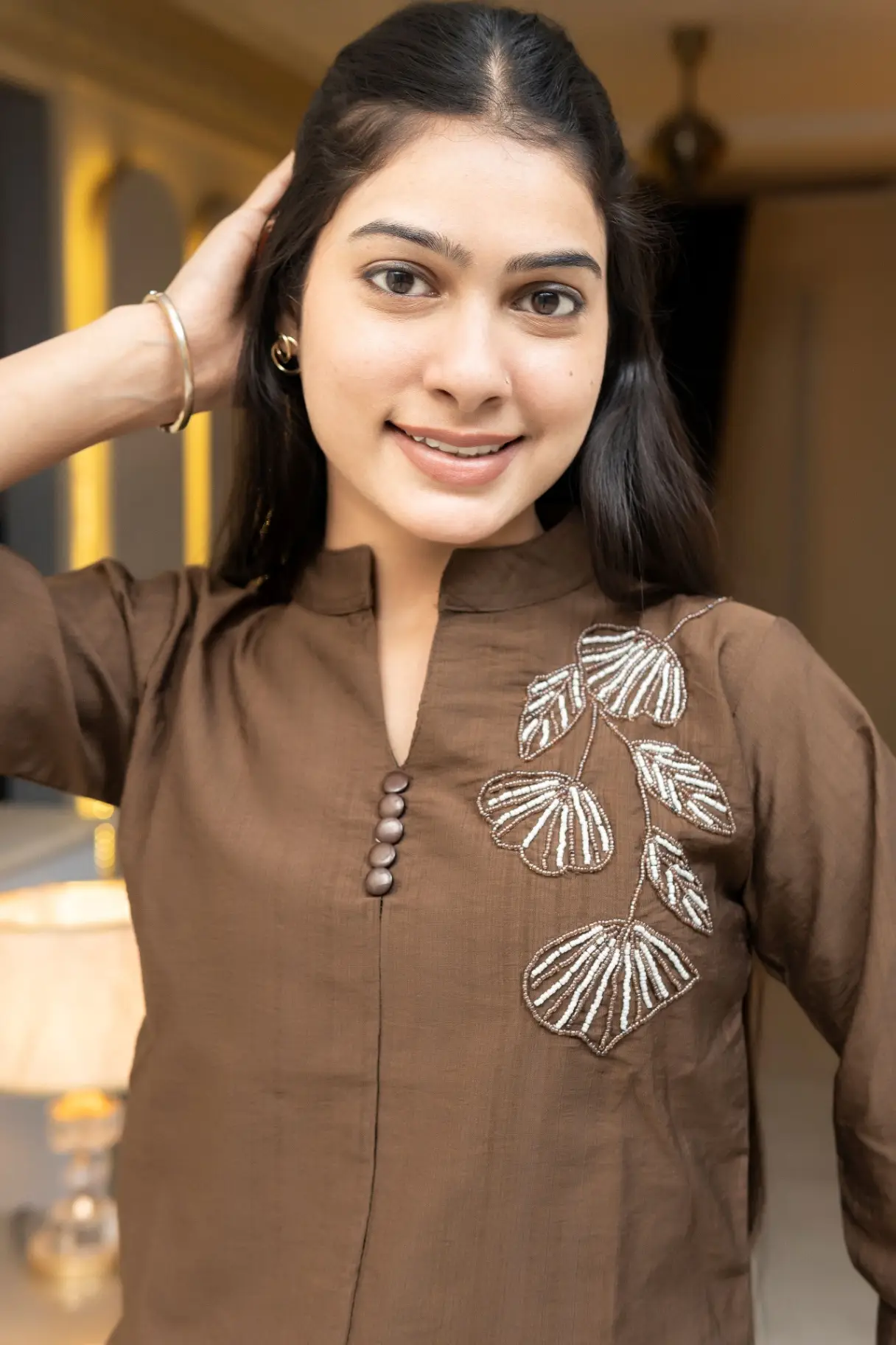 Coffee Brown Mandarin V-Neck Top with Handcrafted Zari Leaf Embroidery