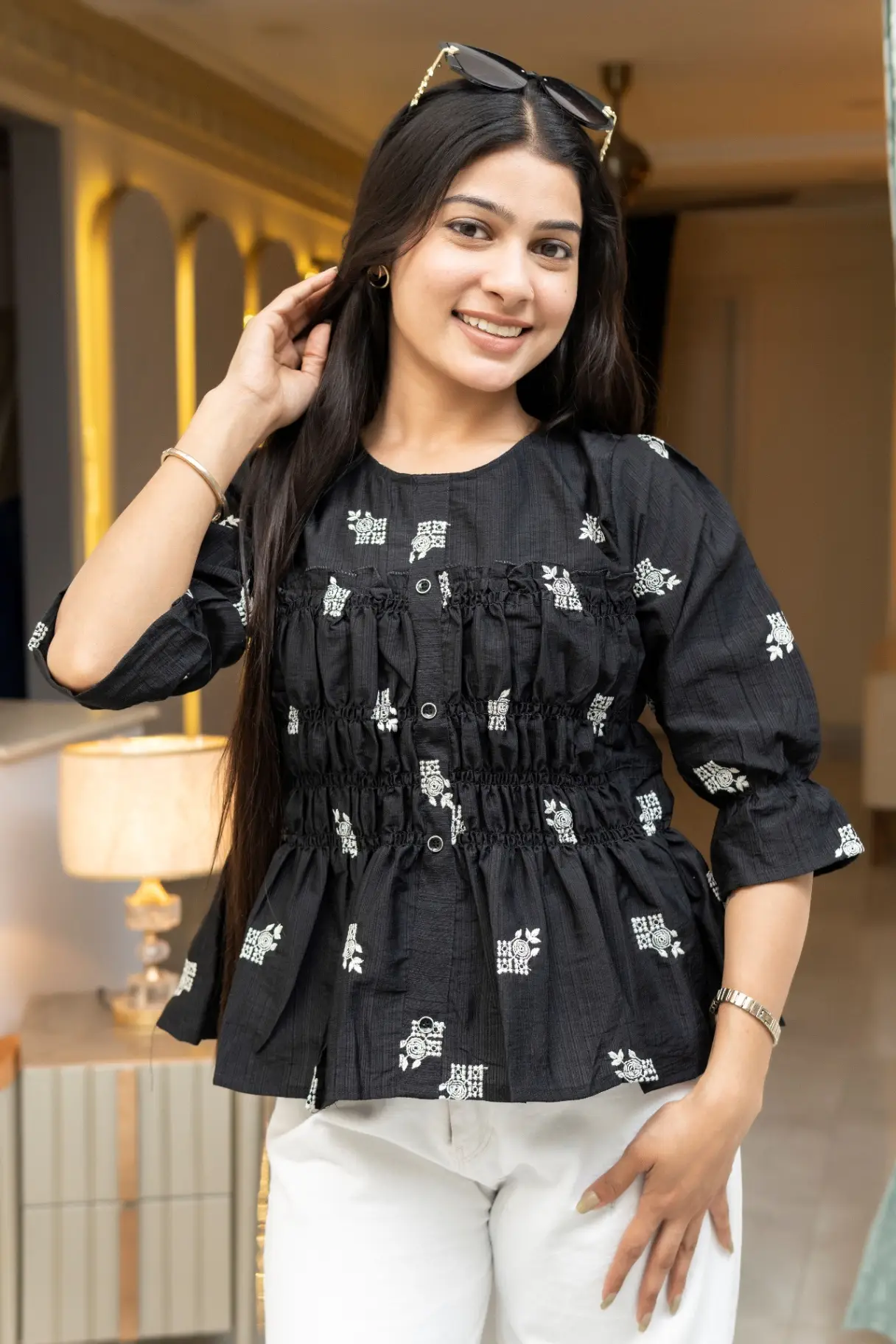 Midnight Black Smocked Peplum Crop Top with Ruffled Bodice