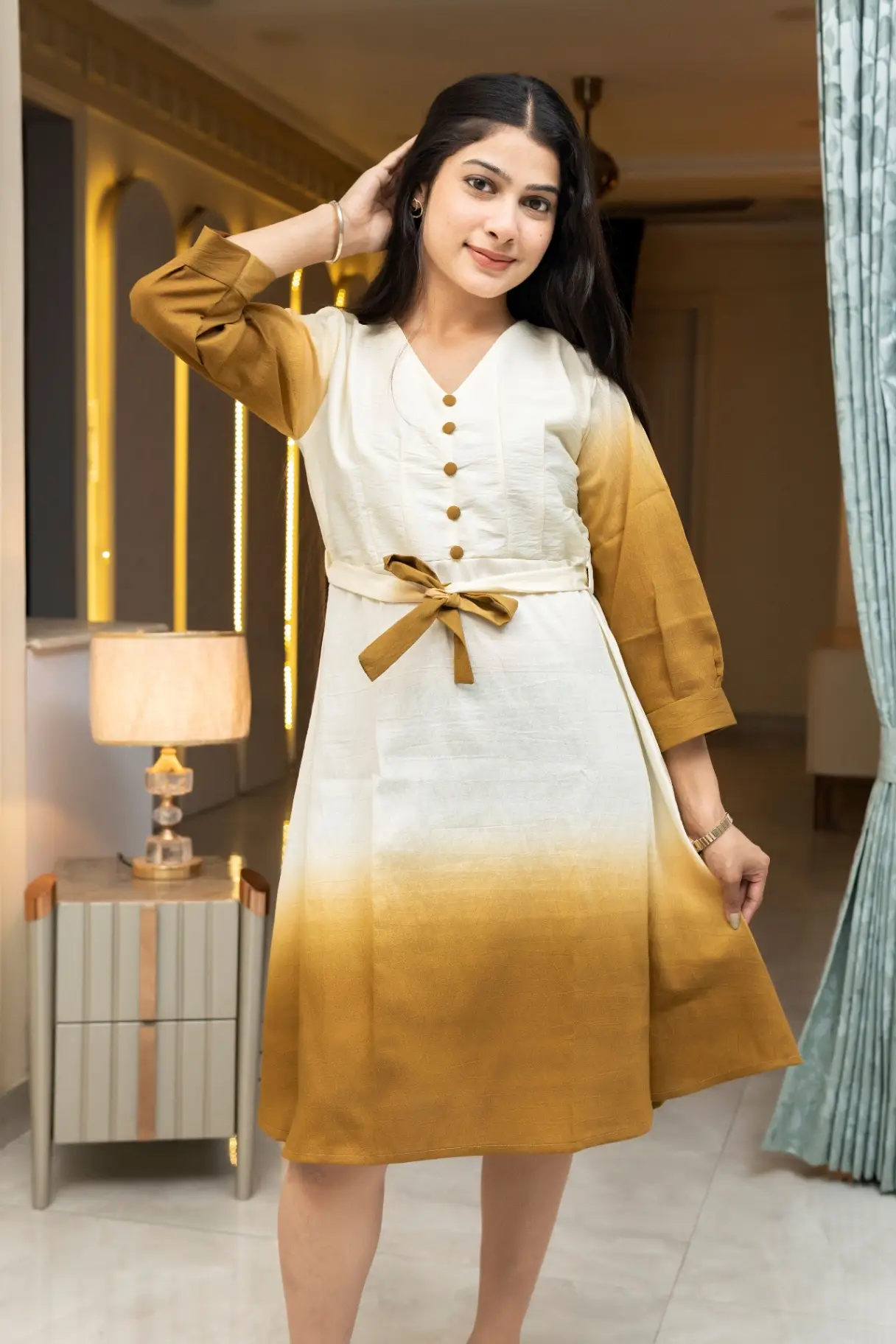 Mustard & Cream Ombre Midi Dress with Fabric Tie Belt
