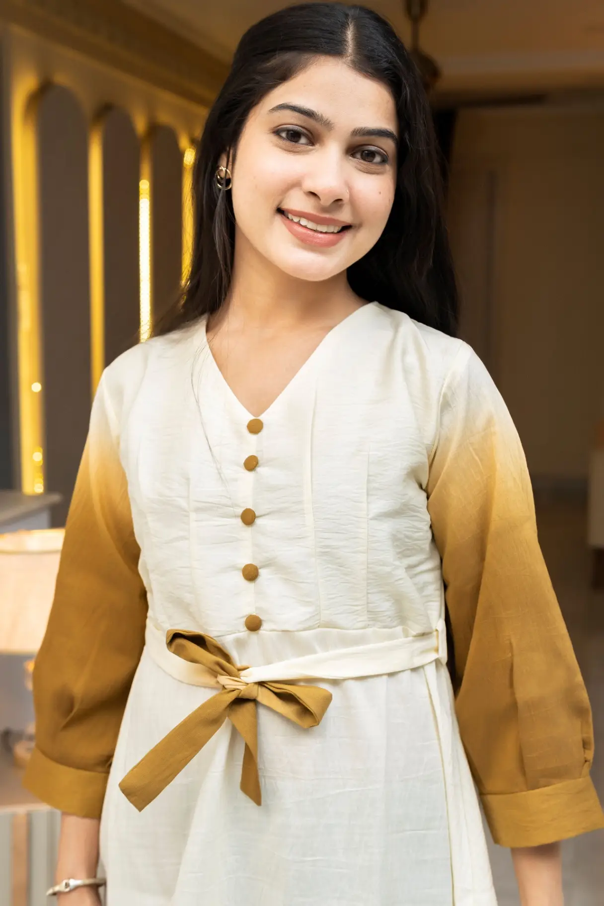 Mustard & Cream Ombre Midi Dress with Fabric Tie Belt view 2