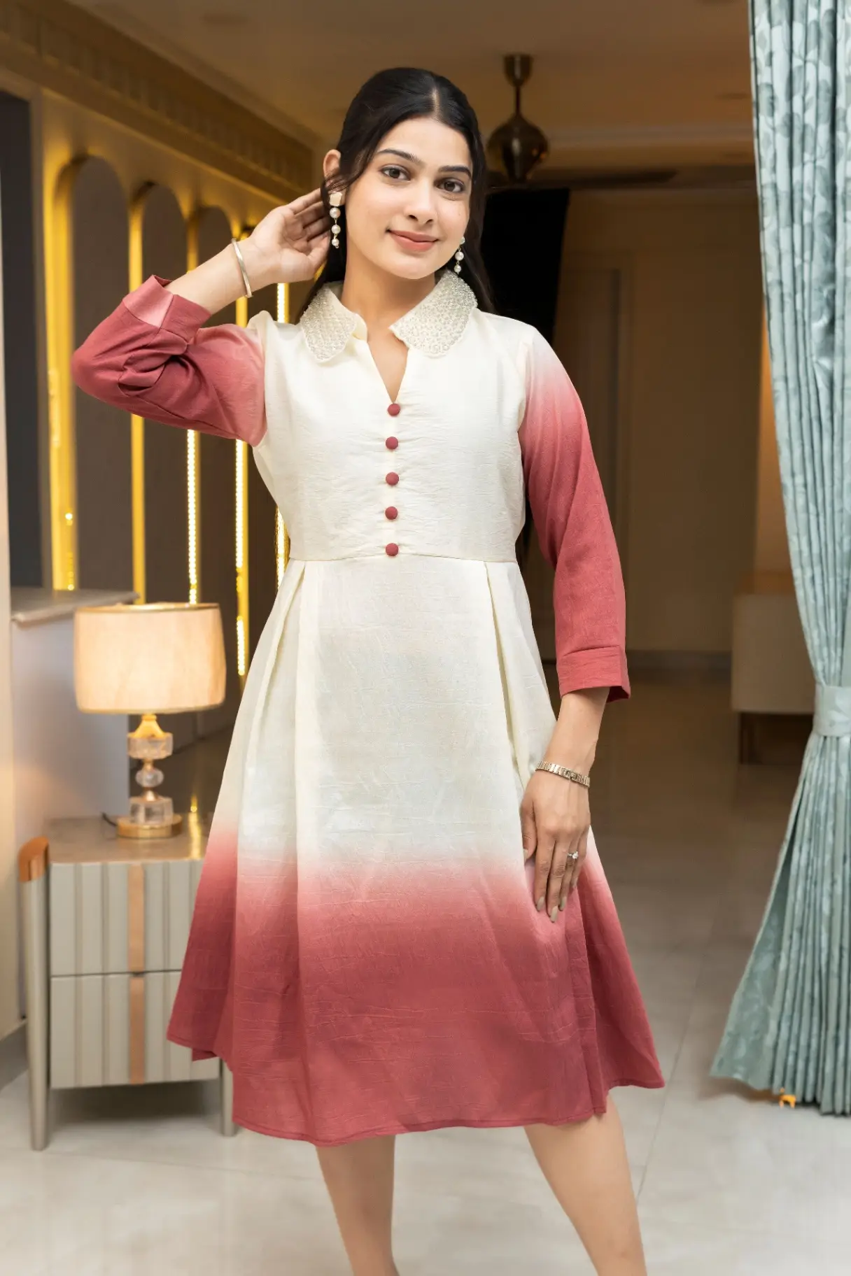 Mauve Pink Ombre Midi Dress with Pearl Beaded Collar