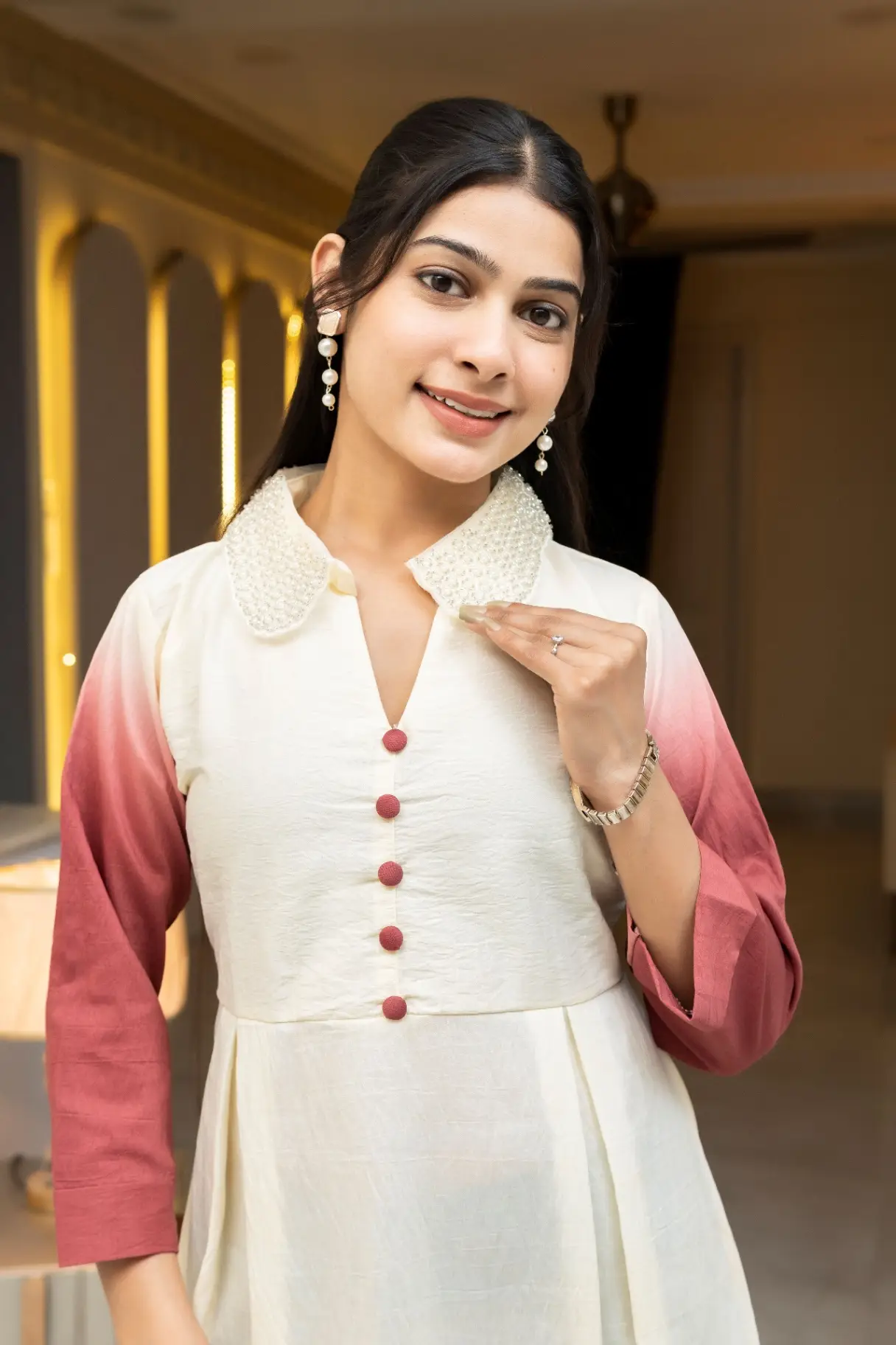 Mauve Pink Ombre Midi Dress with Pearl Beaded Collar view 2