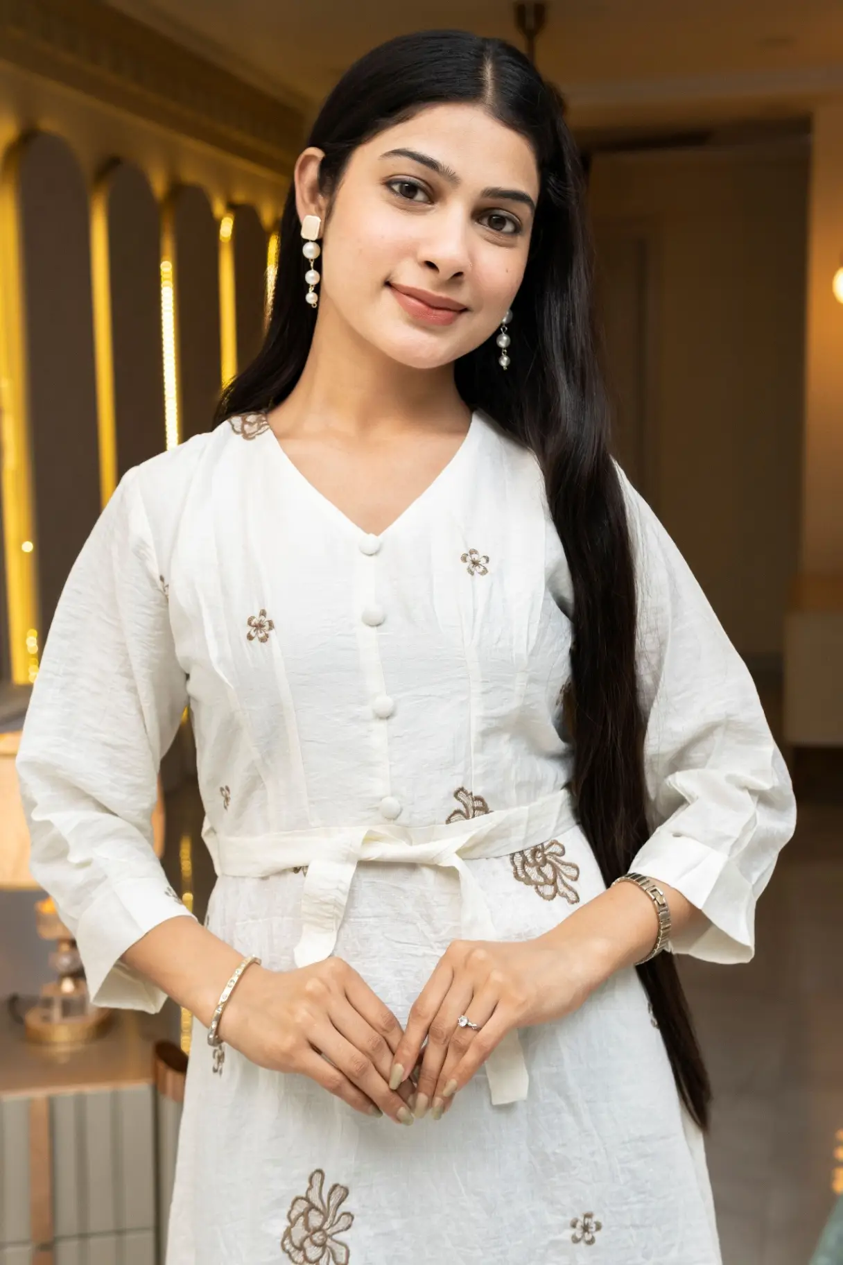 Ivory White Midi Dress with Handcrafted Gold Floral Embroidery view 2