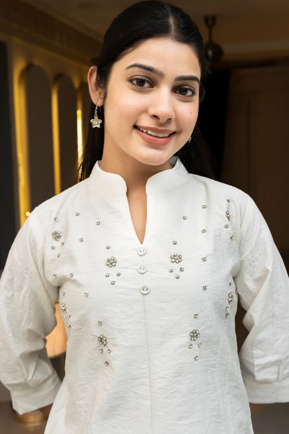 Ivory White Mandarin Split-Neck Top with Handcrafted Starburst Beadwork view 2