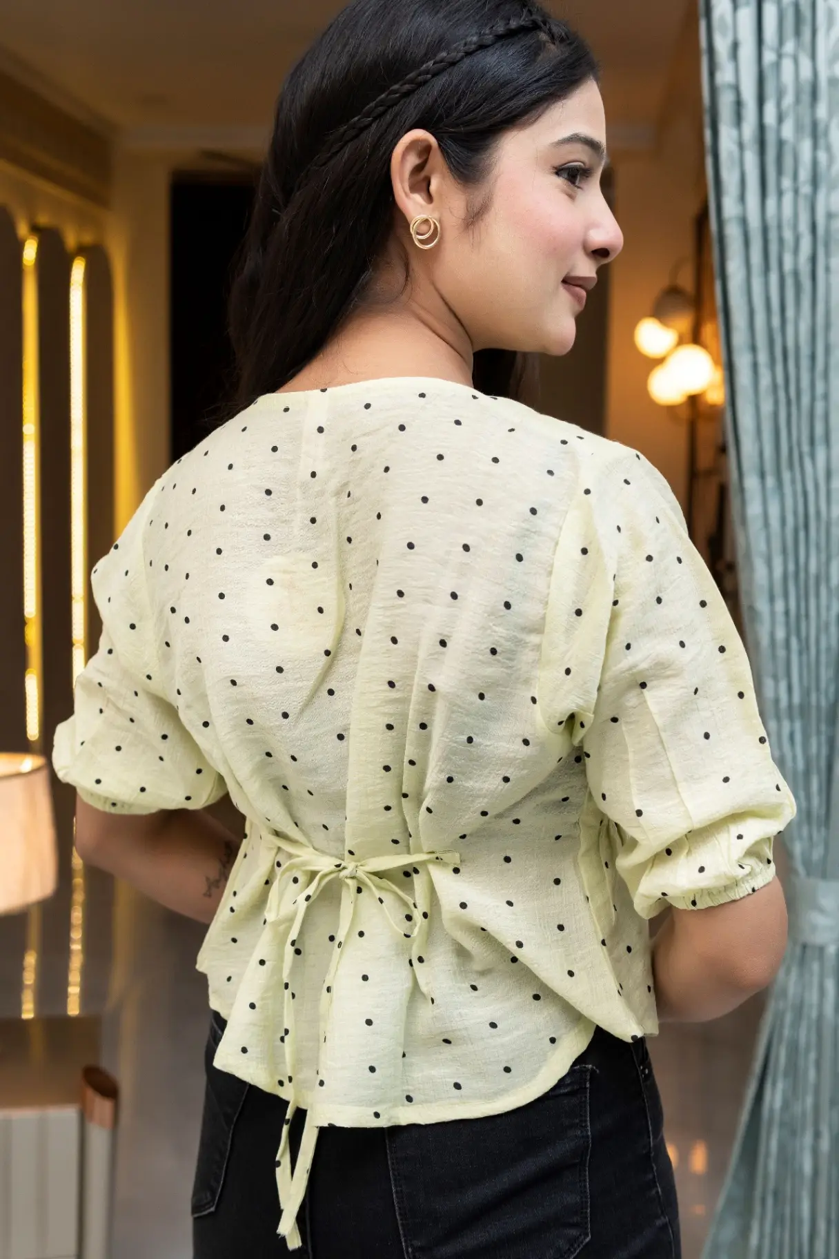 Mint Lime Polka-Dot V-Neck Top with Ruffled Puff Sleeves view 2