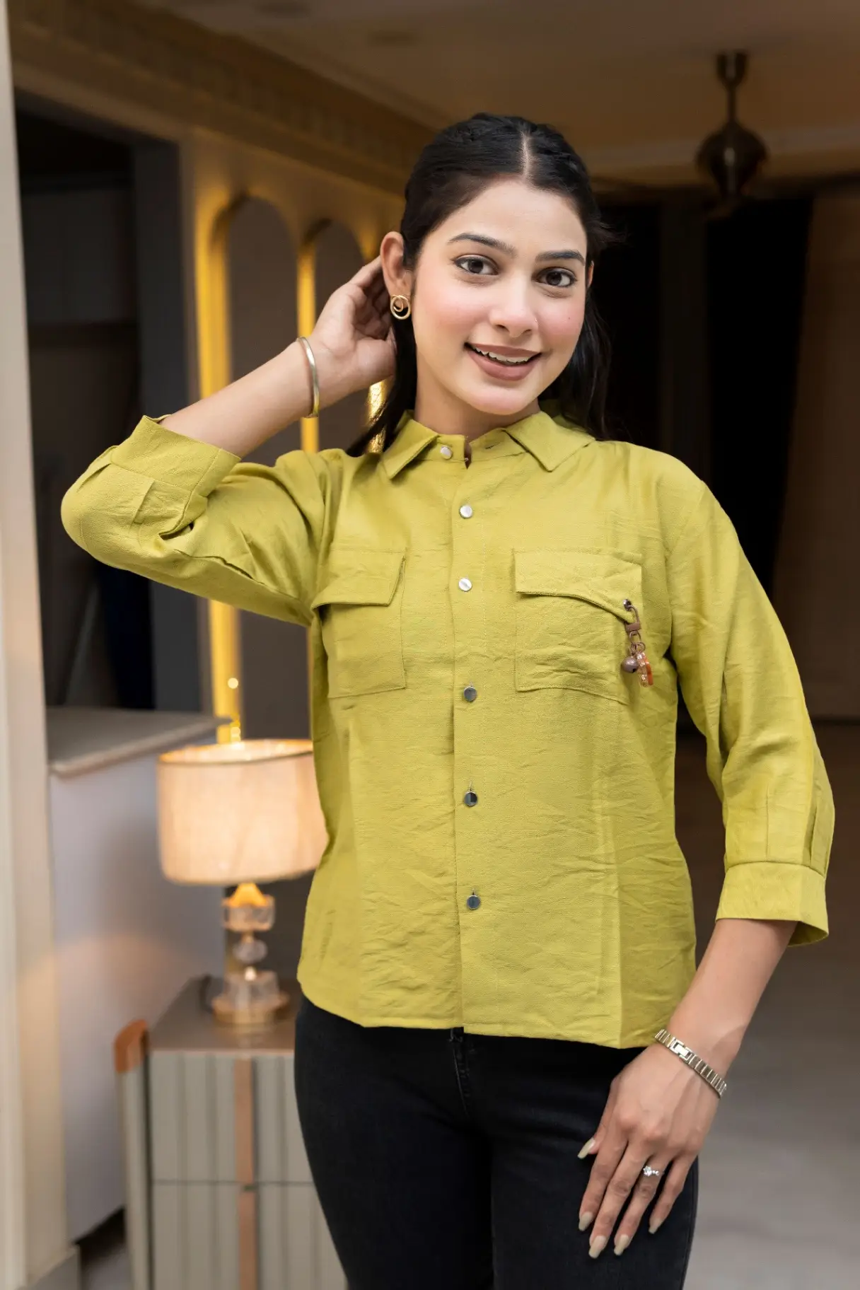 Chartreuse Slub Cotton Utility Shirt Top with Dual Flap Pockets
