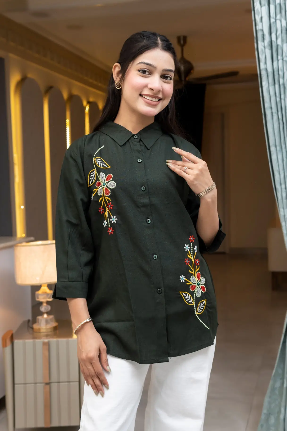 Bottle Green Short Kurti with Colorful Floral Vine Embroidery