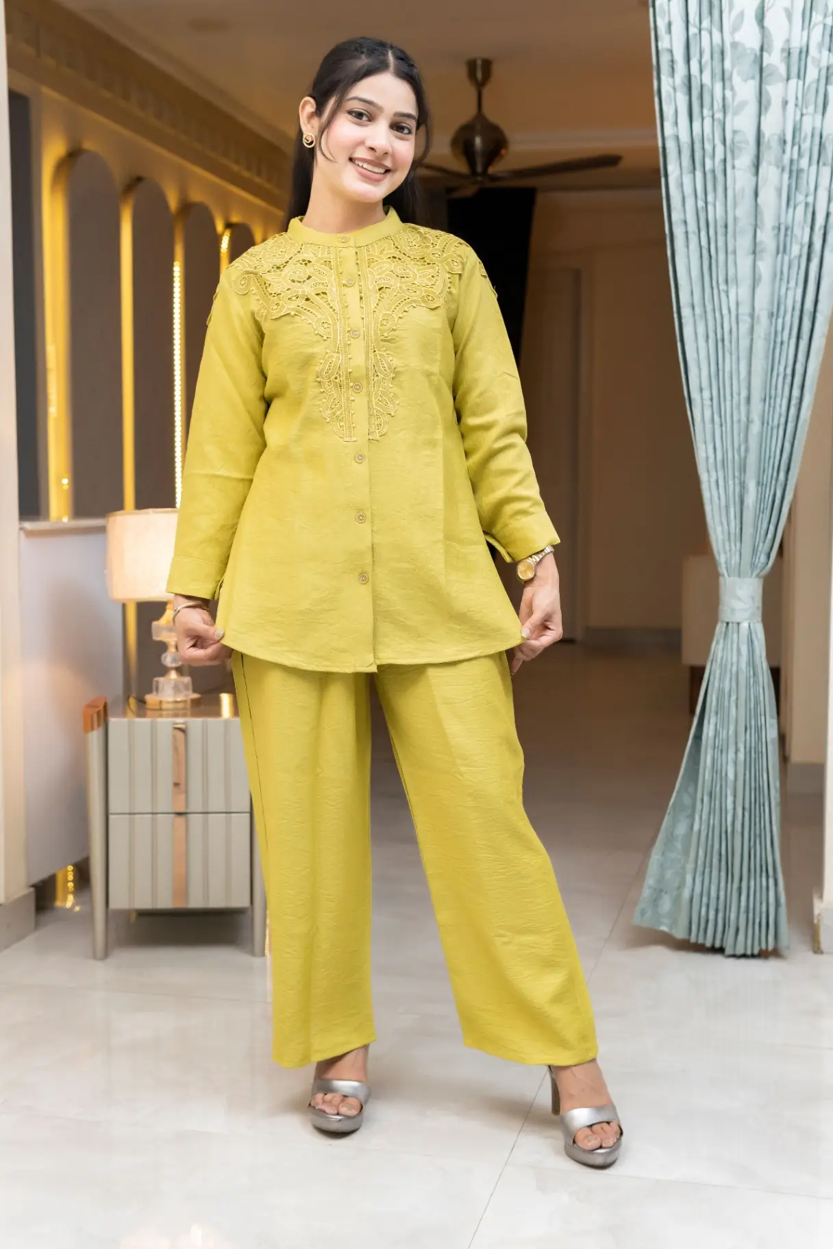 Chartreuse Slub Cotton Co-ord Set with Heavy Neckline Embroidery