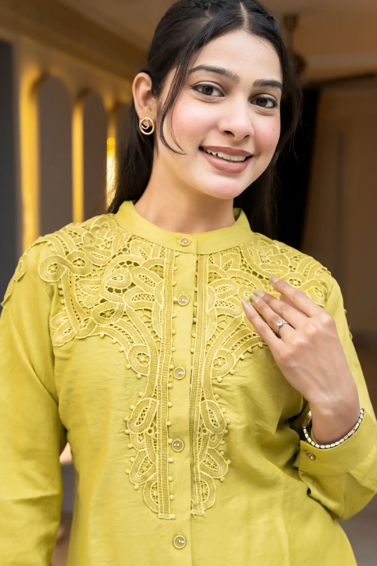 Chartreuse Slub Cotton Co-ord Set with Heavy Neckline Embroidery view 2