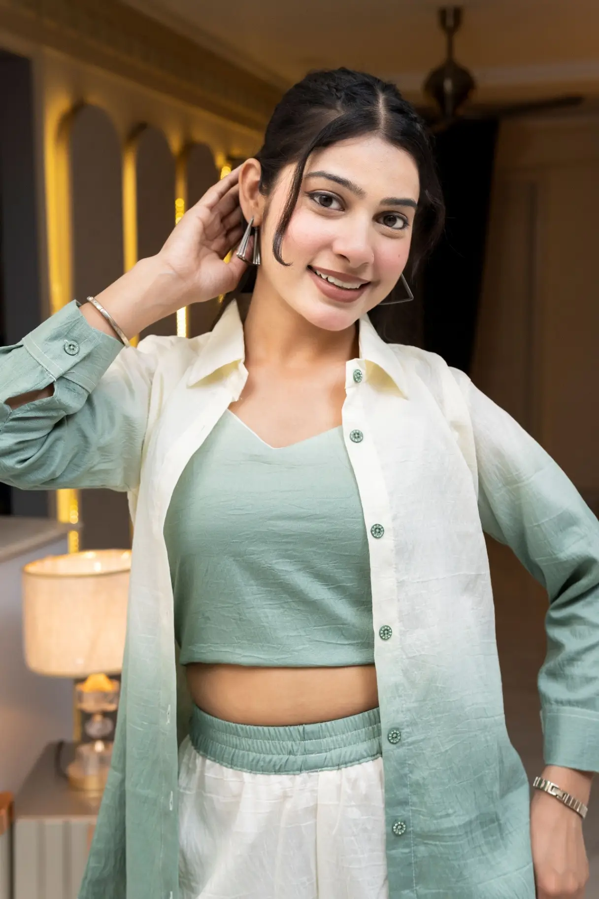 Sage Green Ombre Three-Piece Co-ord Set with Crop Top and Shrug view 2
