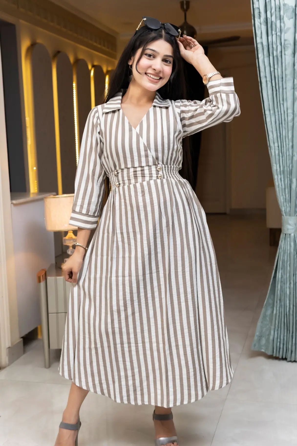 Taupe Striped Surplice Midi Dress with Smocked Pearl Waistband