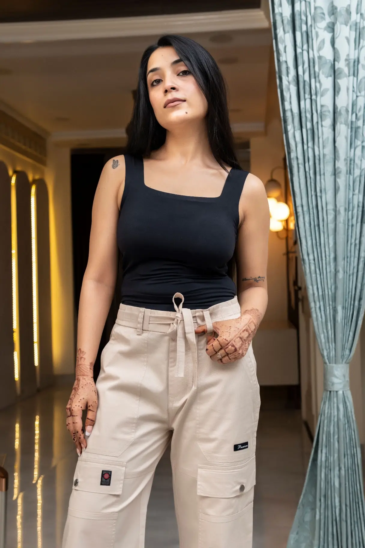 Sand Beige Wide-Leg Cargo Trousers with Multi-Pocket Detail