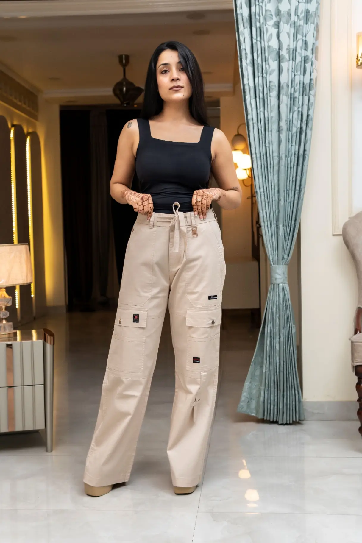 Sand Beige Wide-Leg Cargo Trousers with Multi-Pocket Detail view 3