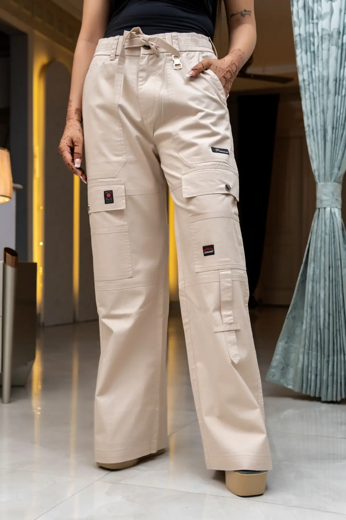 Sand Beige Wide-Leg Cargo Trousers with Multi-Pocket Detail view 4
