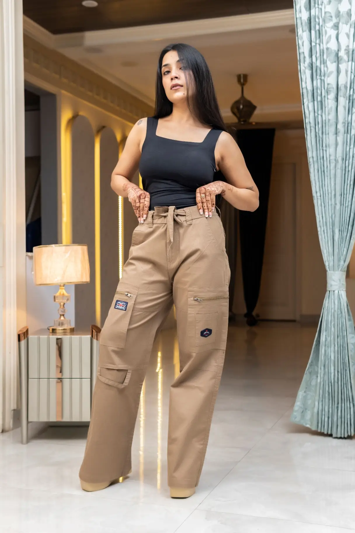 Dark Tan Wide-Leg Cargo Trousers with Zipper Utility Pockets