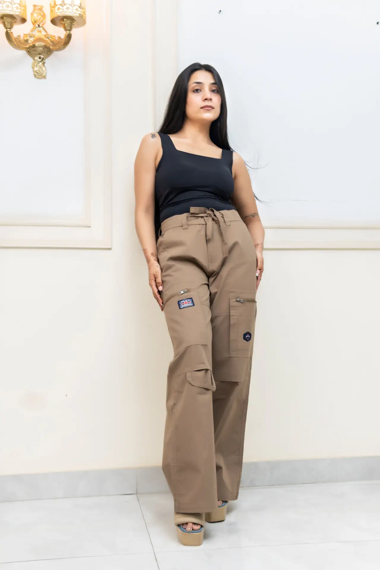 Dark Tan Wide-Leg Cargo Trousers with Zipper Utility Pockets view 3