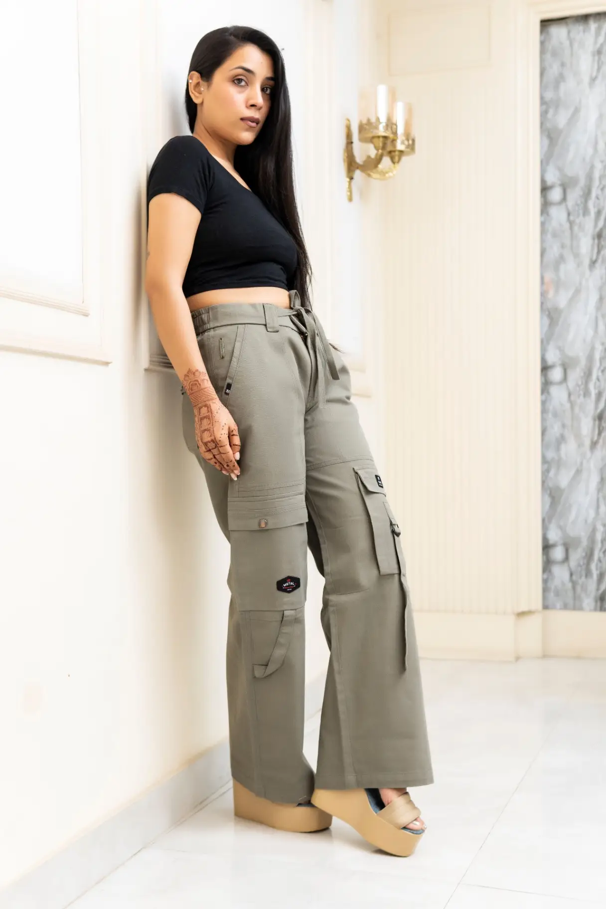 Sage Olive Wide-Leg Cargo Trousers with Multi-Pocket Detail view 2