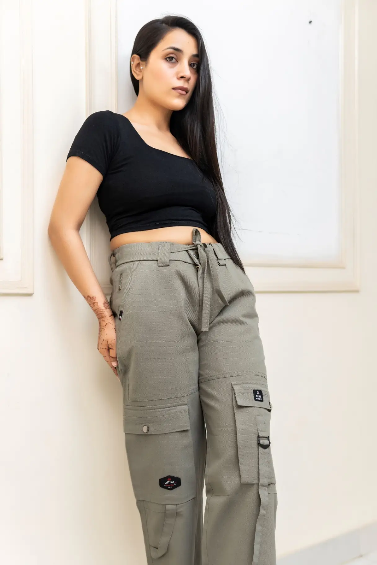 Sage Olive Wide-Leg Cargo Trousers with Multi-Pocket Detail view 3