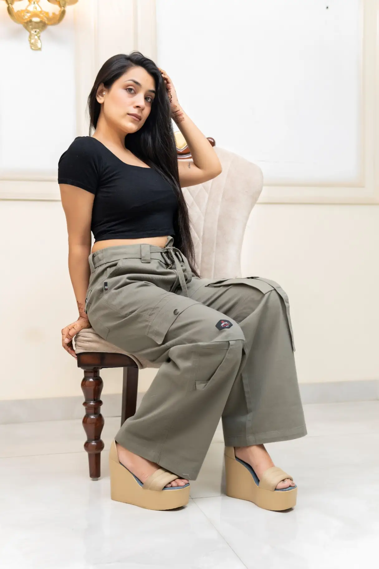Sage Olive Wide-Leg Cargo Trousers with Multi-Pocket Detail view 4