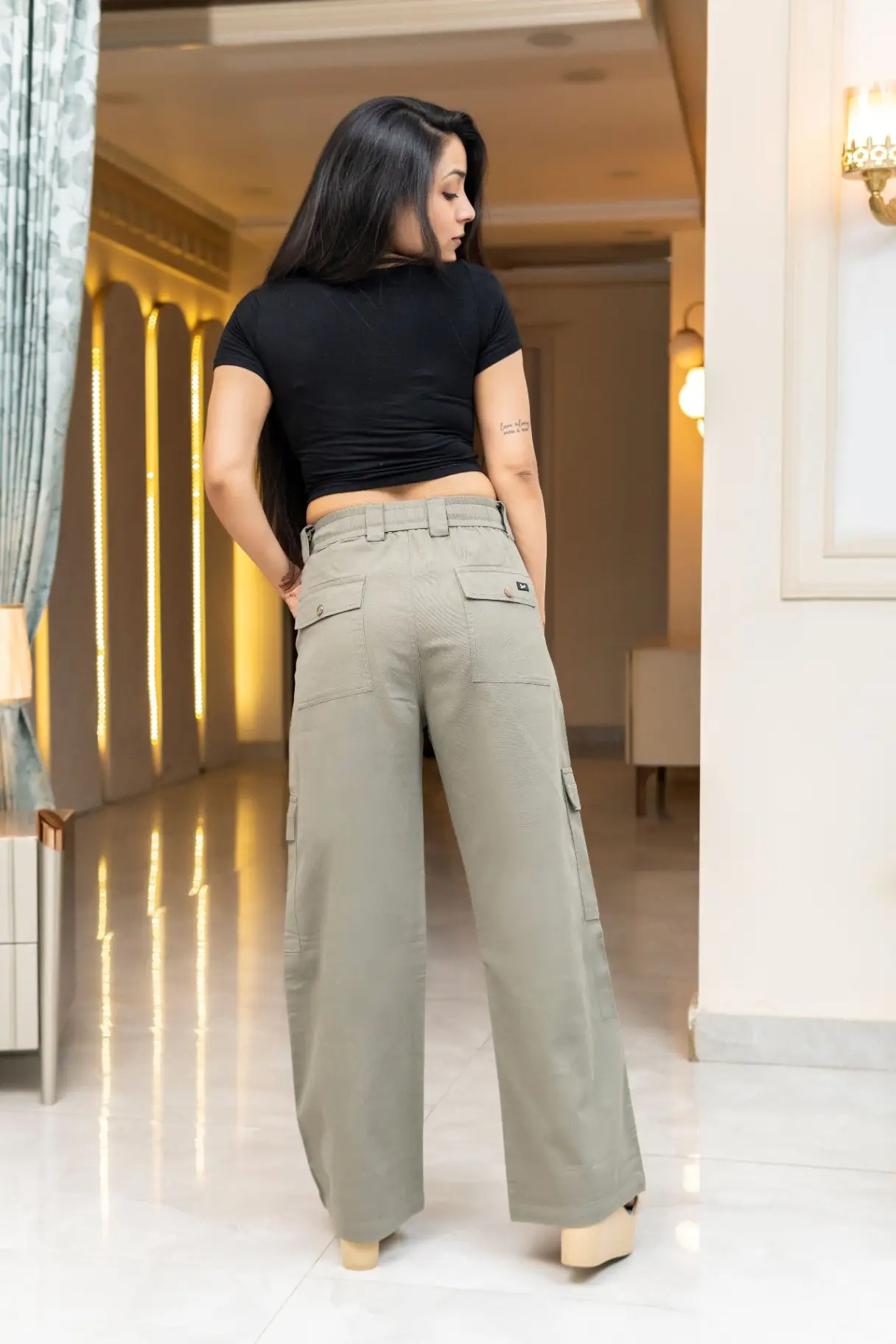 Sage Olive Wide-Leg Cargo Trousers with Multi-Pocket Detail view 5