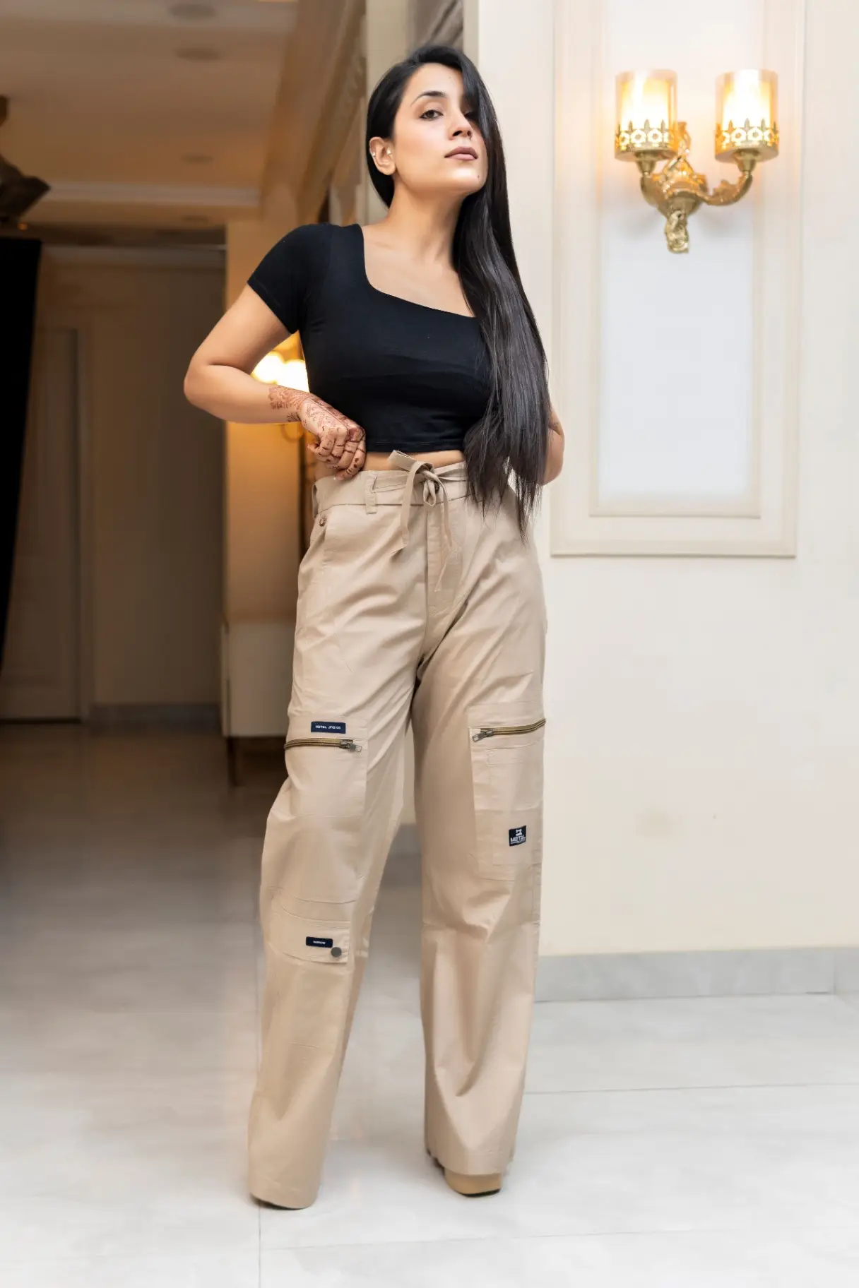 Desert Sand Wide-Leg Cargo Trousers with Horizontal Zipper Pockets