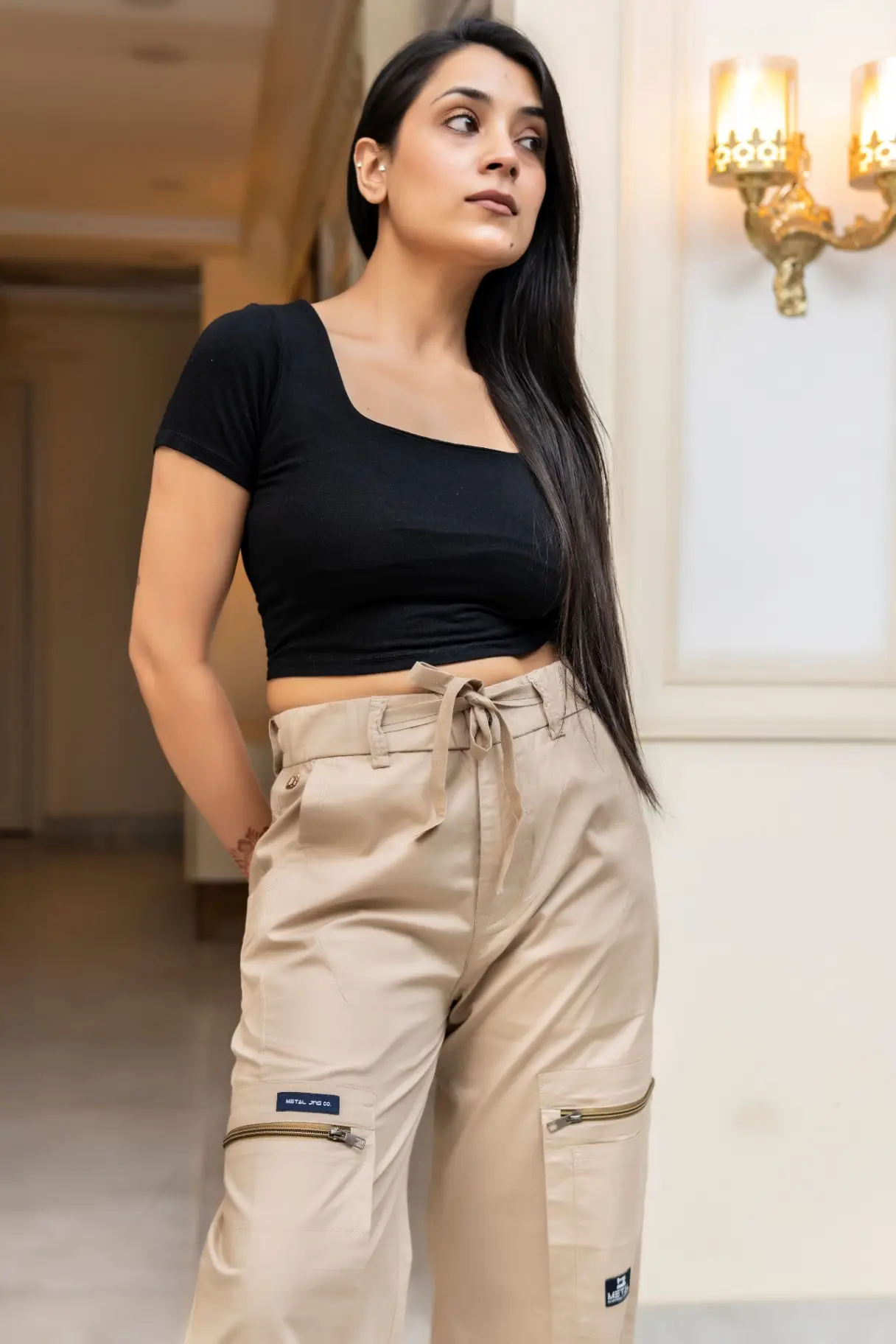 Desert Sand Wide-Leg Cargo Trousers with Horizontal Zipper Pockets view 3